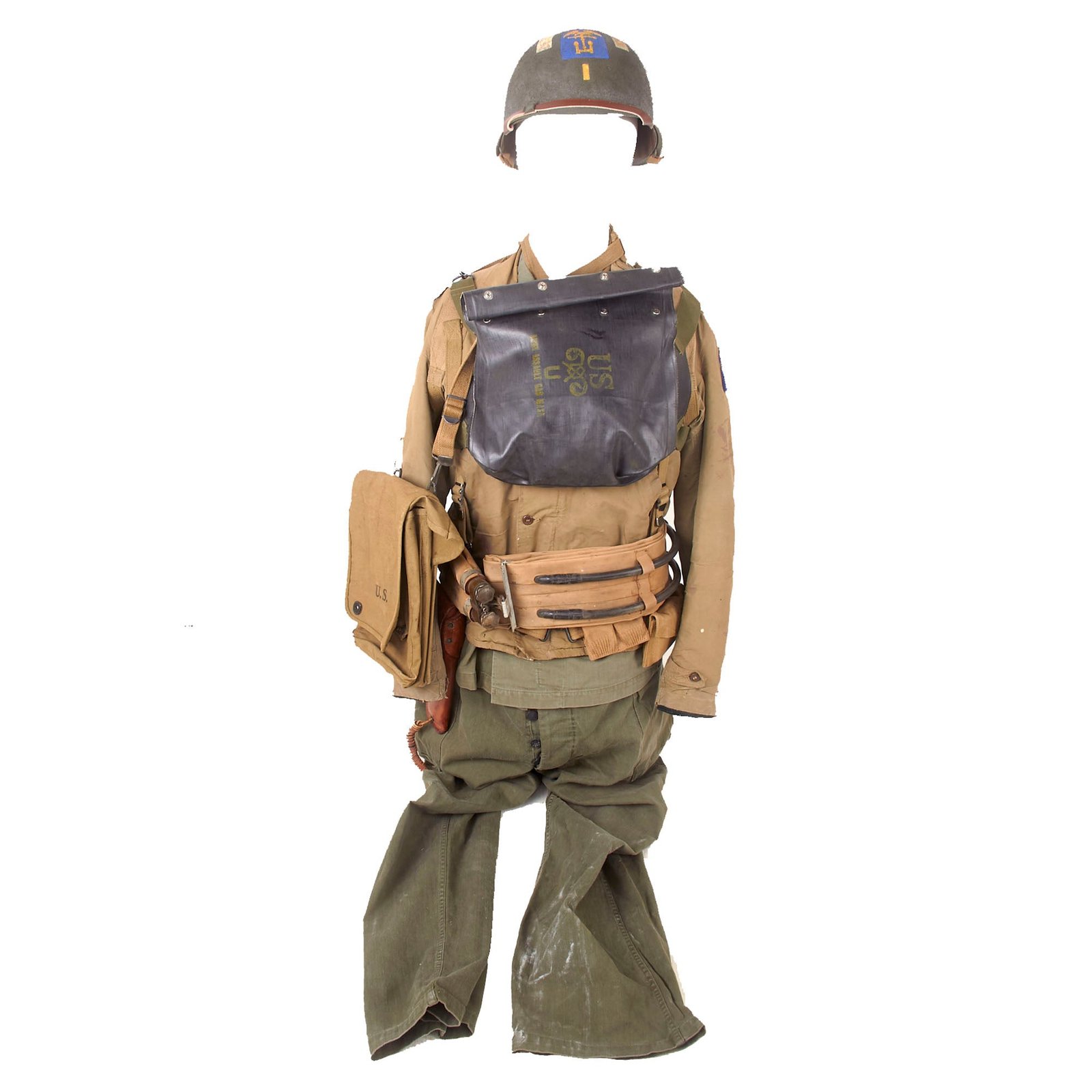 Buy Original U.S. WWII D-Day Shore Party Engineer Special Brigade Mannequin Grouping with Life Belt, M1910 Haversack with M1 Garand Bayonet, M1911 Belt Rig, M38 Map Case & Repainted Helmet | Original Firearms Antique For Sale