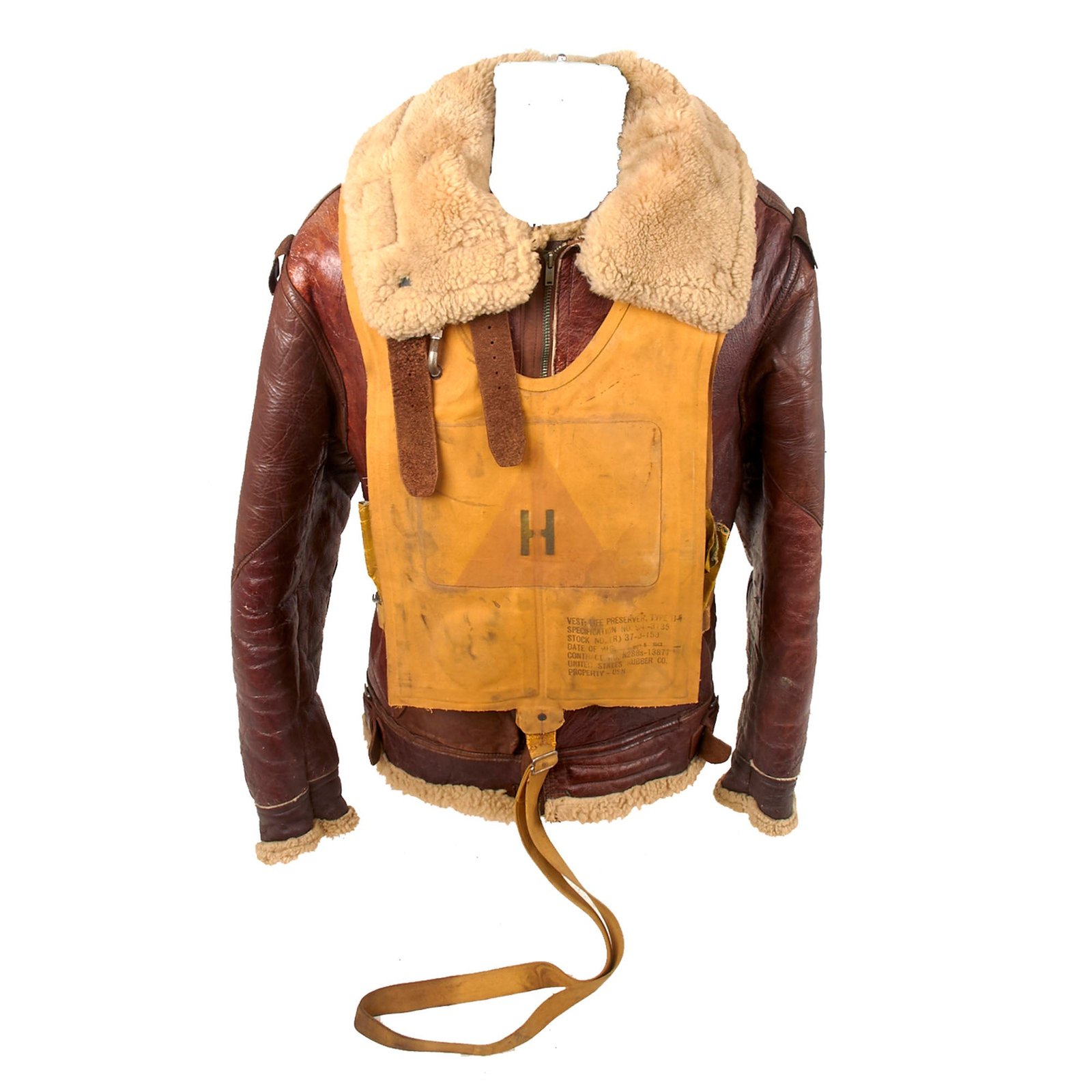 Buy Original U.S. WWII Army Air Forces B-3 Sheepskin Shearling Bomber Jacket with 1943-Dated Mae West Life Jacket | Original Firearms Antique For Sale