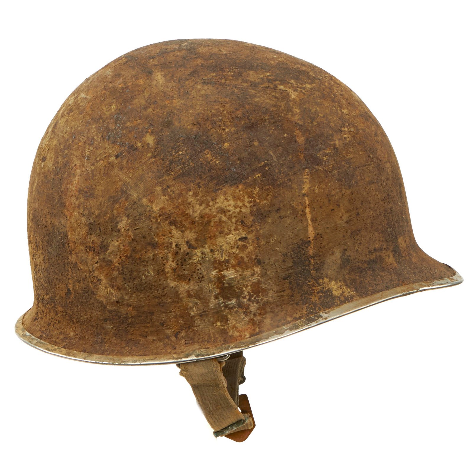 Buy Original U.S. WWII Relic M1 Fixed Bale Front Seam Helmet Shell with Khaki & Brass Chinstrap Purportedly Recovered Near Bastogne | Original Firearms Antique For Sale