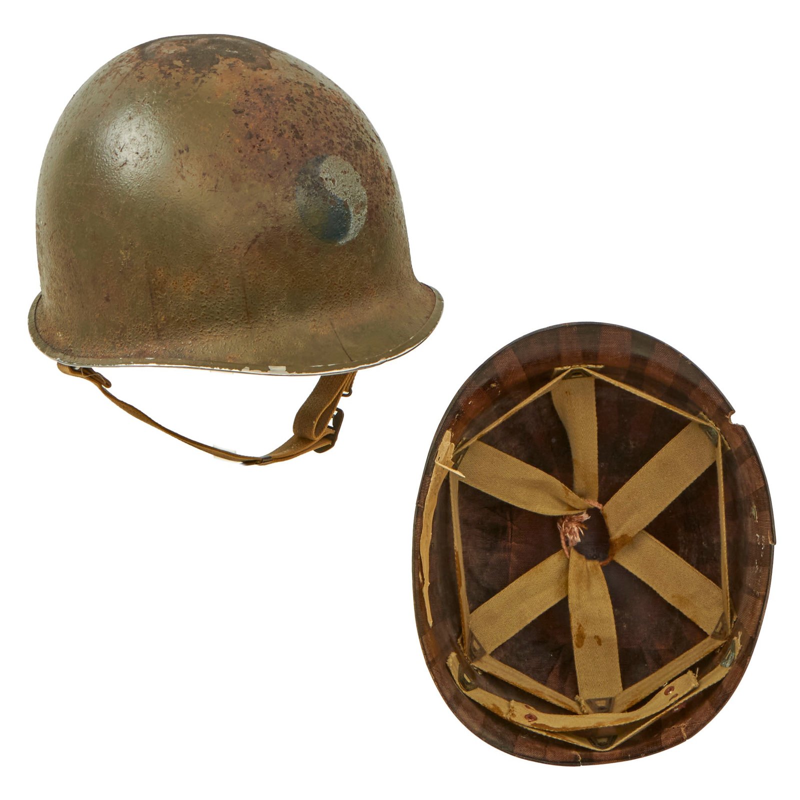 Original U.S. WWII 1943 M1 McCord Fixed Bale Front Seam Helmet with Replicated 29th Infantry Division Markings - Inland/Firestone Tire & Rubber Co Liner
