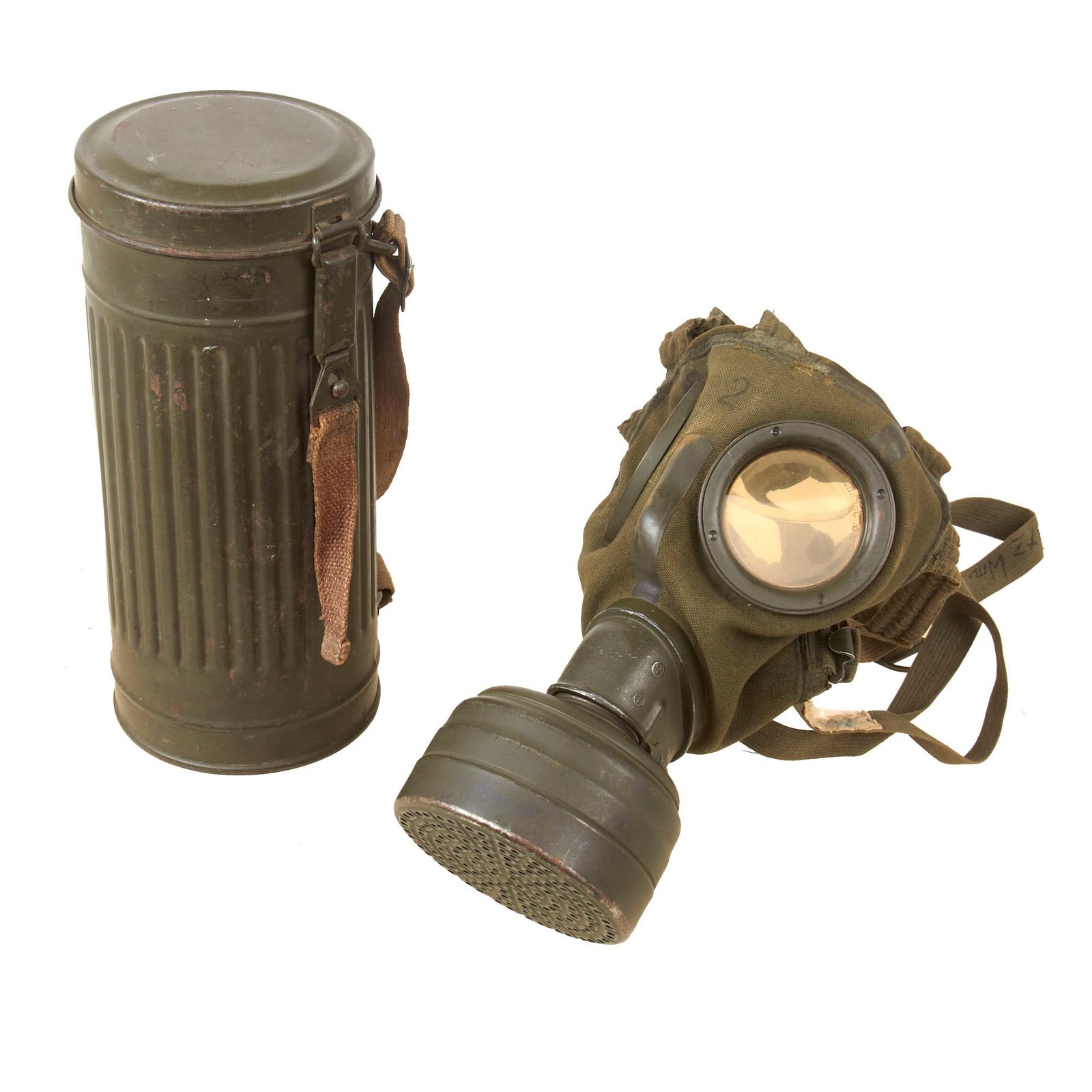 Original German WWII Named M30 2nd Model Size 2 Gas Mask with Fe 37 Filter and Canister - Dated 1940/42