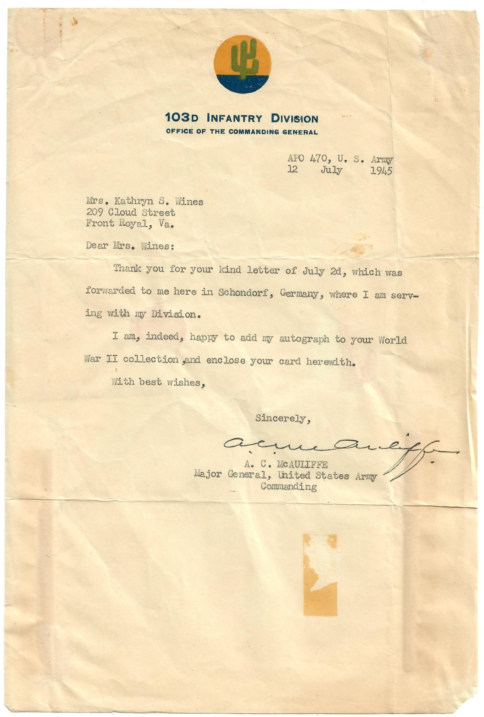 Buy Original U.S. WWII Major General Anthony C. McAuliffe Signed Letter on 103rd Infantry Division Letterhead - Dated July 12th, 1945 | Original Firearms Antique For Sale