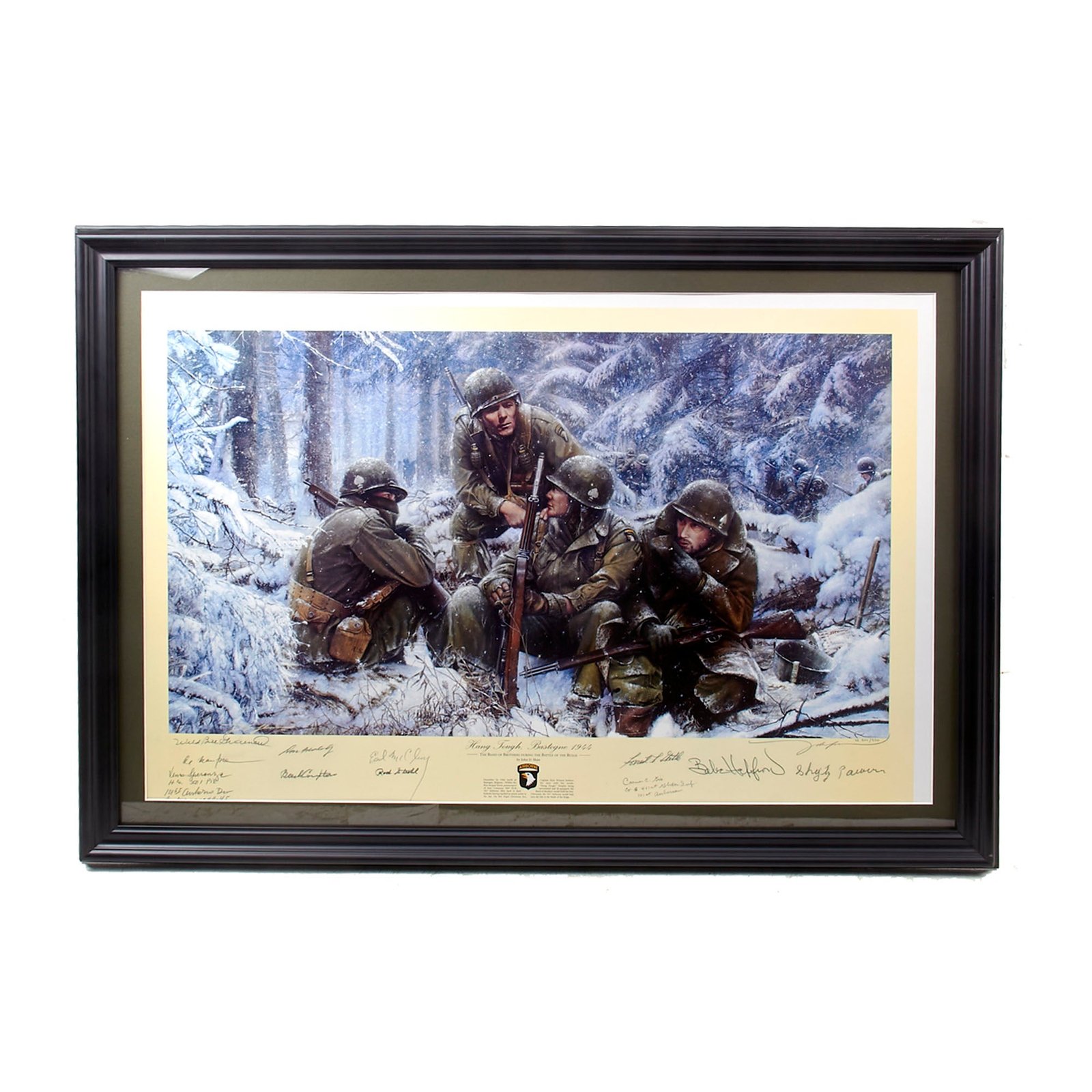 Buy Original Signed Limited Edition Print: Framed “Hang Tough, Bastogne 1944” by John D. Shaw Signed by 8 Members of Easy Company Including “Wild Bill” Guarnere & 3 Other Signers - 26¼ x 36” - 501/550 | Original Firearms Antique For Sale