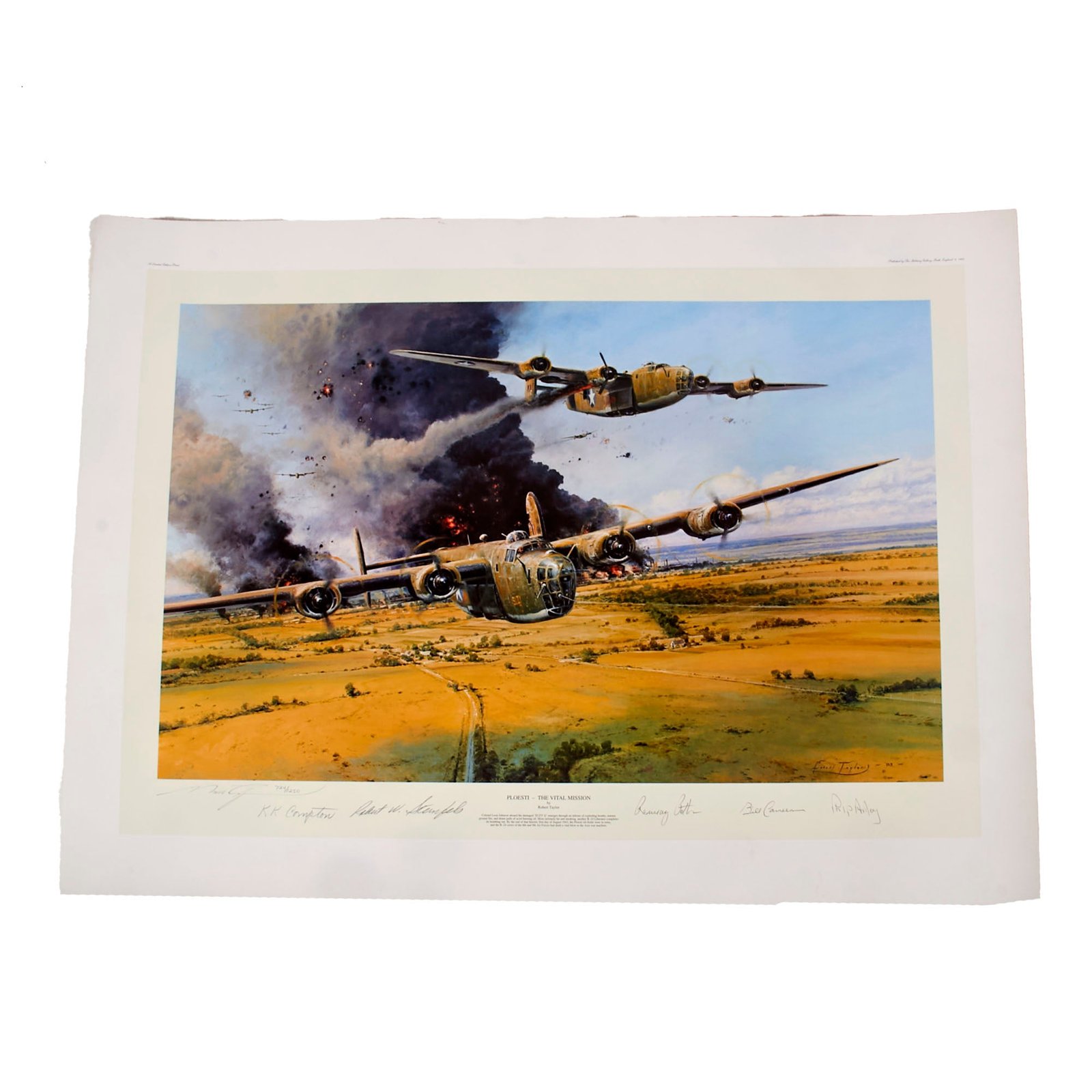 Buy Original U.S. Signed Artwork: “Ploesti - The Vital Mission” Signed by Maj. Robert Sternfels, Maj. Gen. Ramsay Potts, Lieut. Gen. Keith K. Compton, Col. William Cameron, and Maj. Gen. Philip Ardrey - 25 x 34” | Original Firearms Antique For Sale