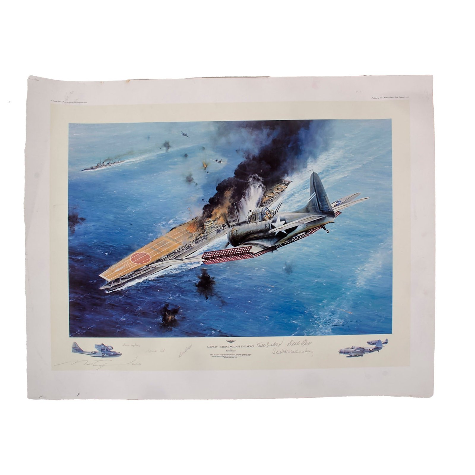 Buy Original U.S. Signed Artwork: “Midway - Strike Against The Akagi” Signed by Lt. Cmdr. Dick Best, Cmdr. Bill Esders, Maj. Gen. Marion Carl, Capt. Scott McCuskey, Capt. Robert Elder and Capt. Jack Reid - 26 x 34” | Original Firearms Antique For Sale