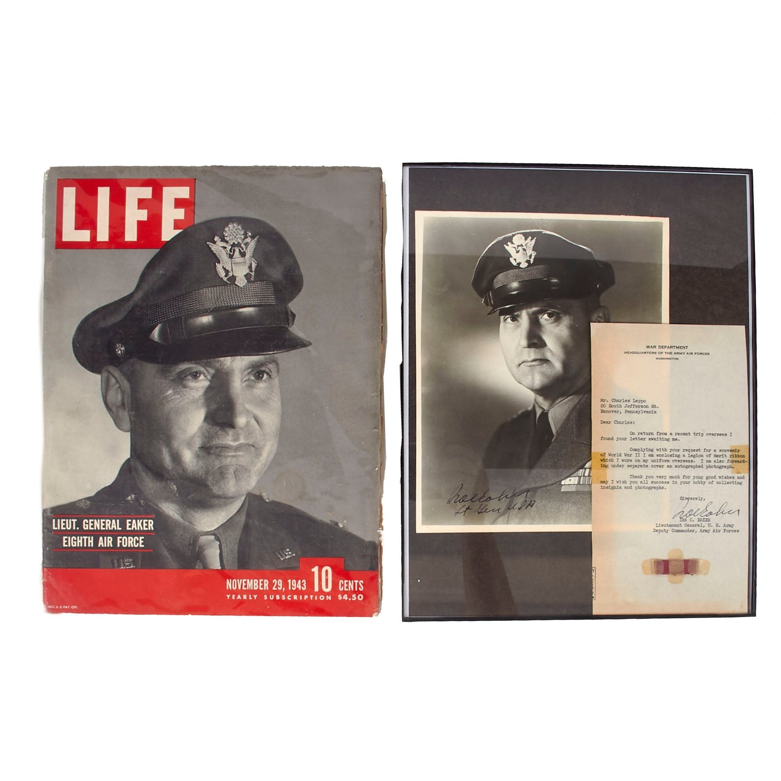 Buy Original U.S. WWII Framed Signed Portrait of General Ira C. Eaker with Legion of Merit Ribbon Worn During World War II & Life Magazine - 11 x 14” | Original Firearms Antique For Sale