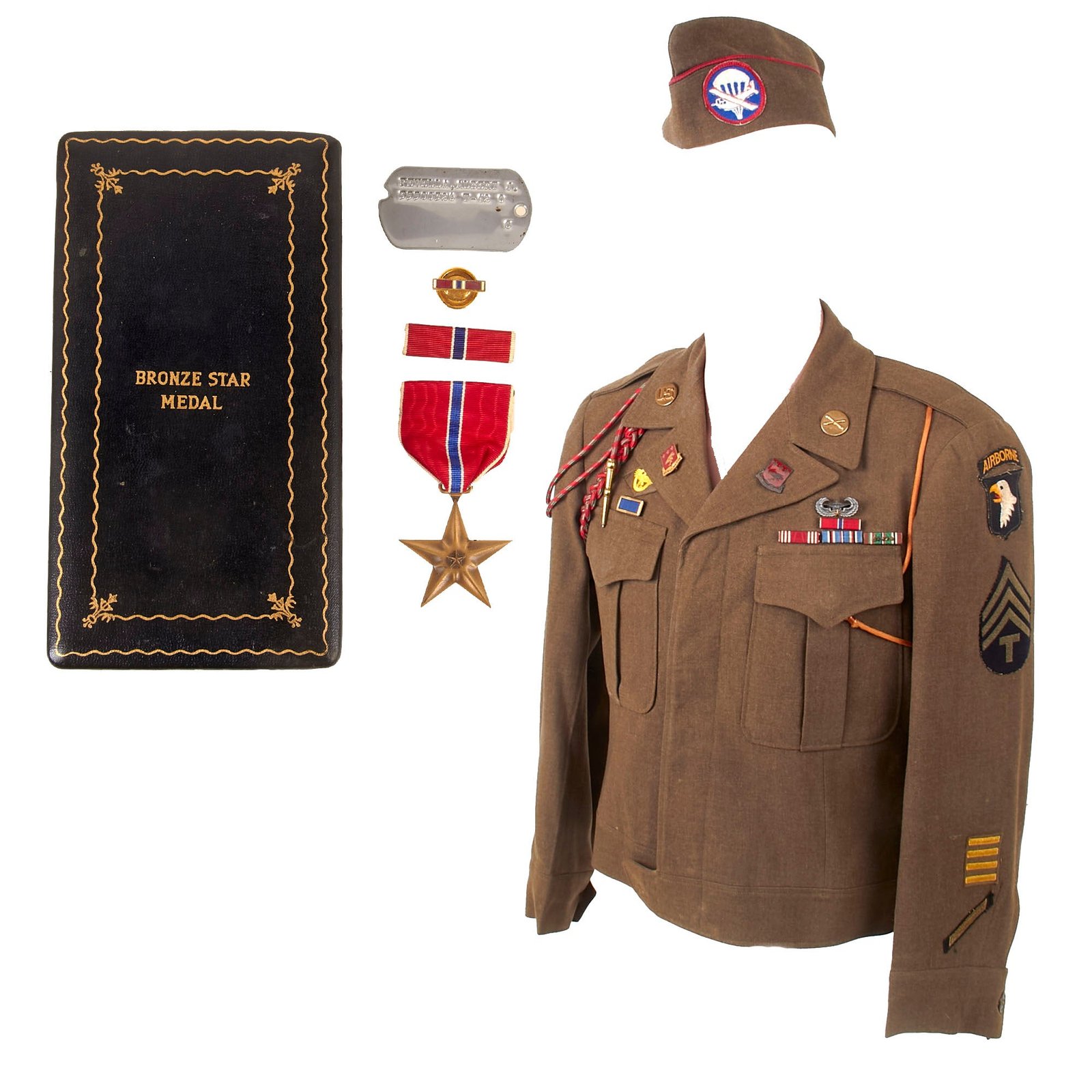 Buy Original U.S. WWII D-Day Named 907th Glider Field Artillery Battalion 101st Airborne Named Uniform with Bronze Star & Dog Tag - Albert J Revella | Original Firearms Antique For Sale