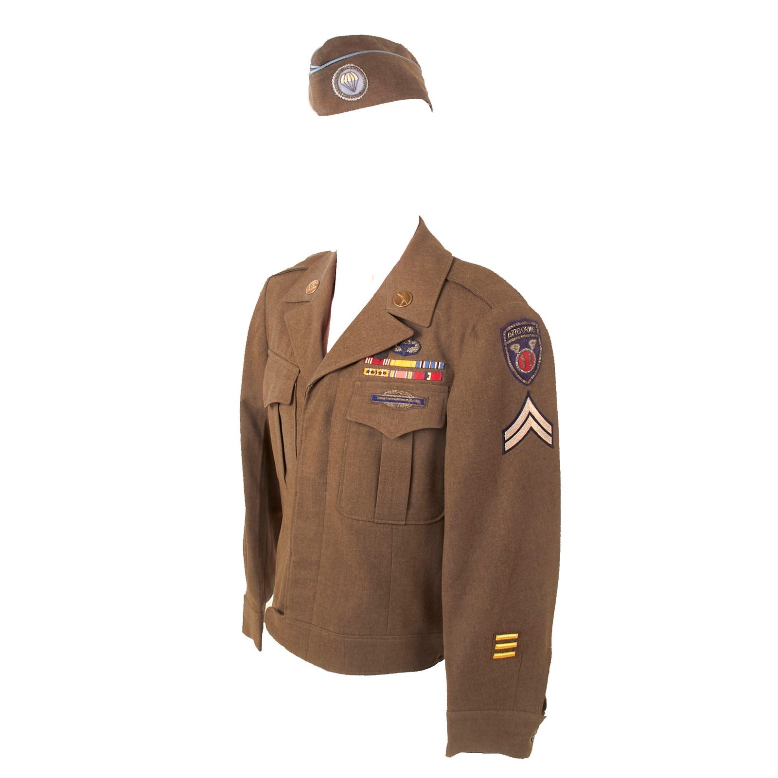 Buy Original U.S. WWII Named 11th Airborne Paratrooper Ike Jacket & Garrison Cap with Tremendous Bullion Insignia - Corporal Arthur R. Robinson Jr. | Original Firearms Antique For Sale