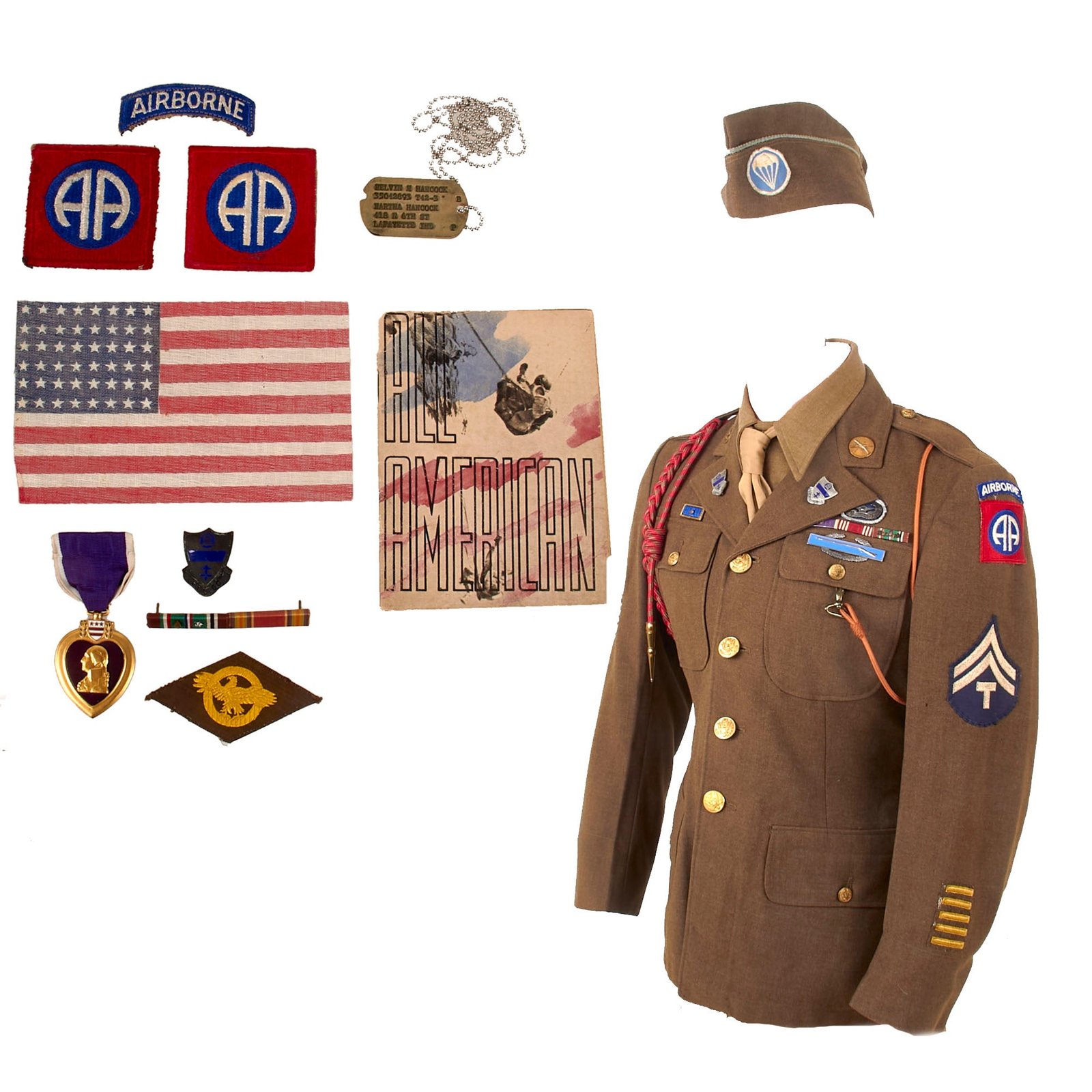 Buy Original U.S. WWII Identified 82nd Airborne 325th Glider Infantry Uniform Grouping With Fantastic Service History Binder & Riker Case with Dog Tag & Invasion Flag - Corporal Melvin M. Hancock | Original Firearms Antique For Sale