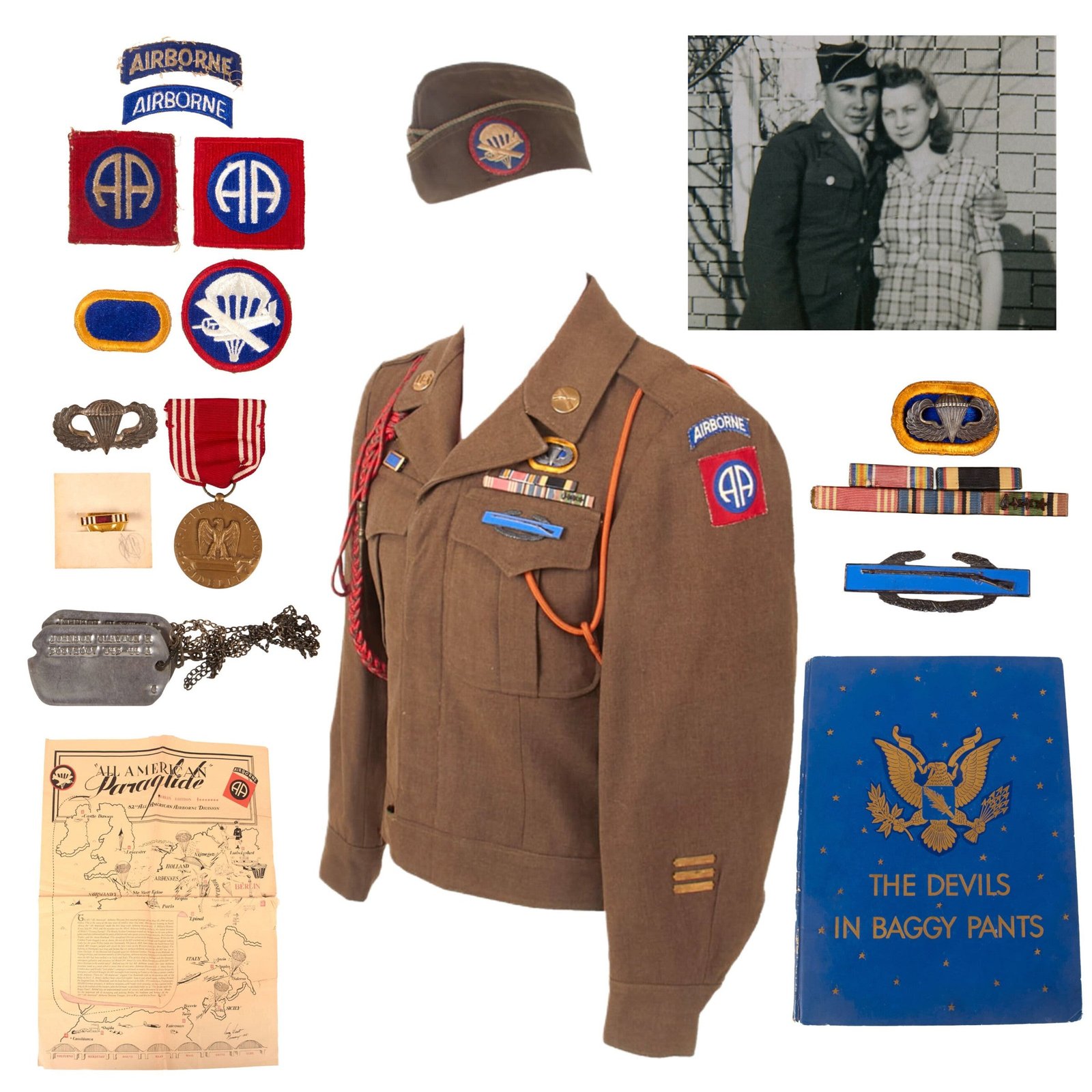Buy Original U.S. WWII 504th PIR 82nd Airborne Uniform Grouping with Dog Tags, Garrison Cap, and “Devil in Baggy Pants” Unit History - Clayton R. Johnson | Original Firearms Antique For Sale