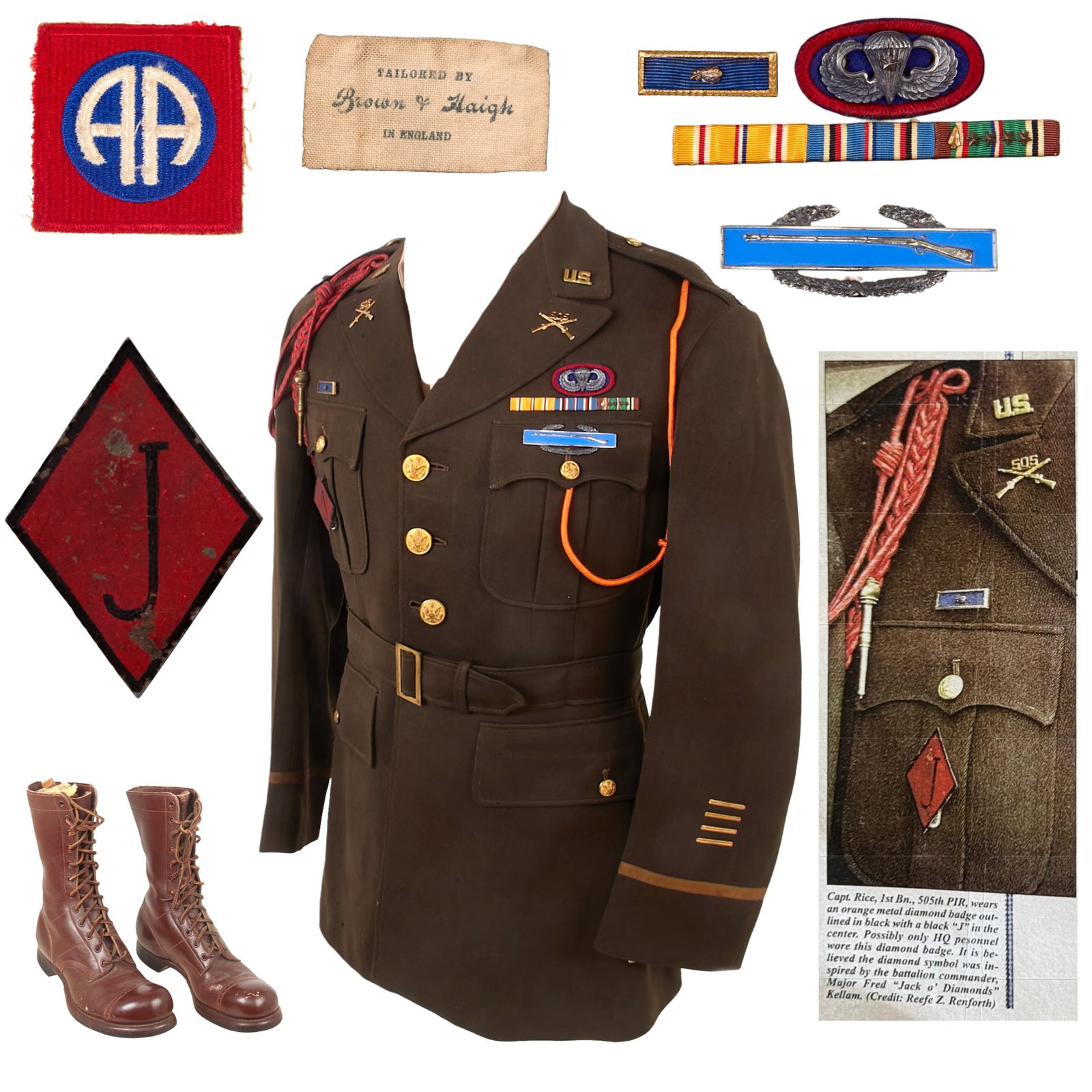 Buy Original U.S. WWII 505th PIR 82nd Airborne British-Made Uniform of Captain David R. Pierce with Scarce Diamond J Badge & Paratrooper Boots - S-4 of 1st Battalion 505th HQ - Jacket Featured in “Heroes in Our Midst” by John R. Angola | Original Firearms Antique For Sale