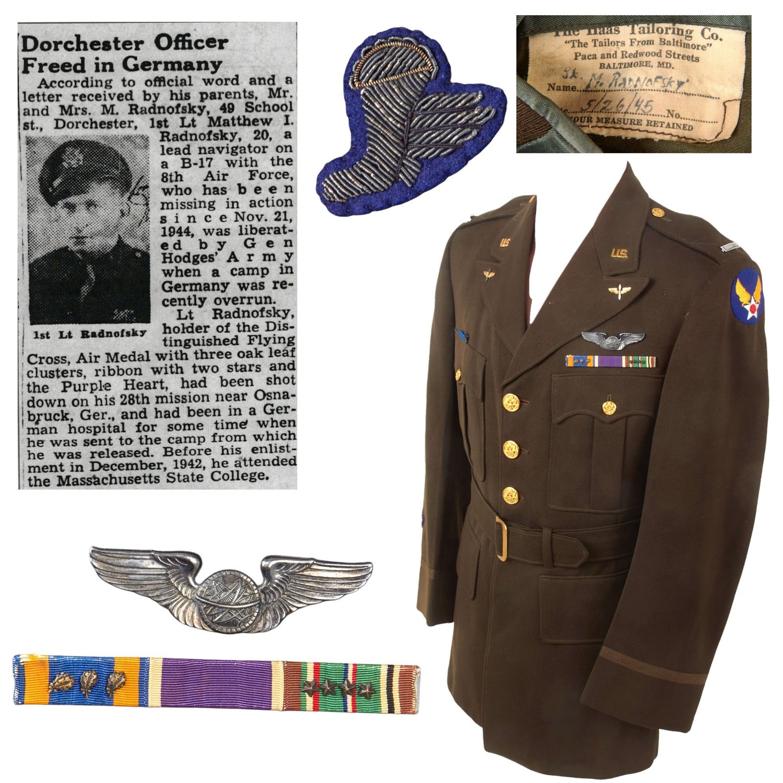 Buy Original U.S. WWII Named 8th Air Force Uniform of POW Lt. Navigator Matthew Radnofsky of B-17 “Casa De Umbriago” with Scarce “Winged Boot” Badge - Shot Down Over Osnabruck - Designed Space Suits for NASA | Original Firearms Antique For Sale