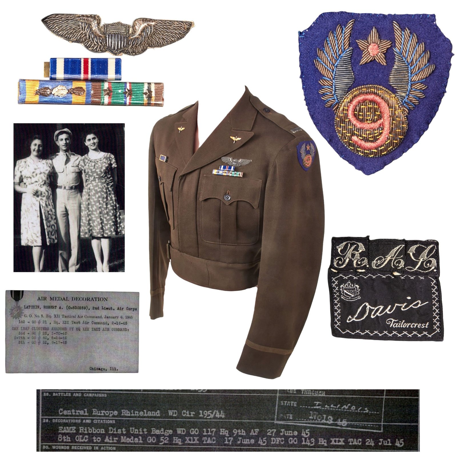 Buy Original U.S. WWII Distinguished Flying Cross Recipient 9th Air Force P-47 Fighter Pilot Lieutenant Robert A. Latchin Ike Jacket with Bullion Patch & Wings with Folder of Research - 404th Fighter Squadron, 371st Fighter Group | Original Firearms Antique For Sale