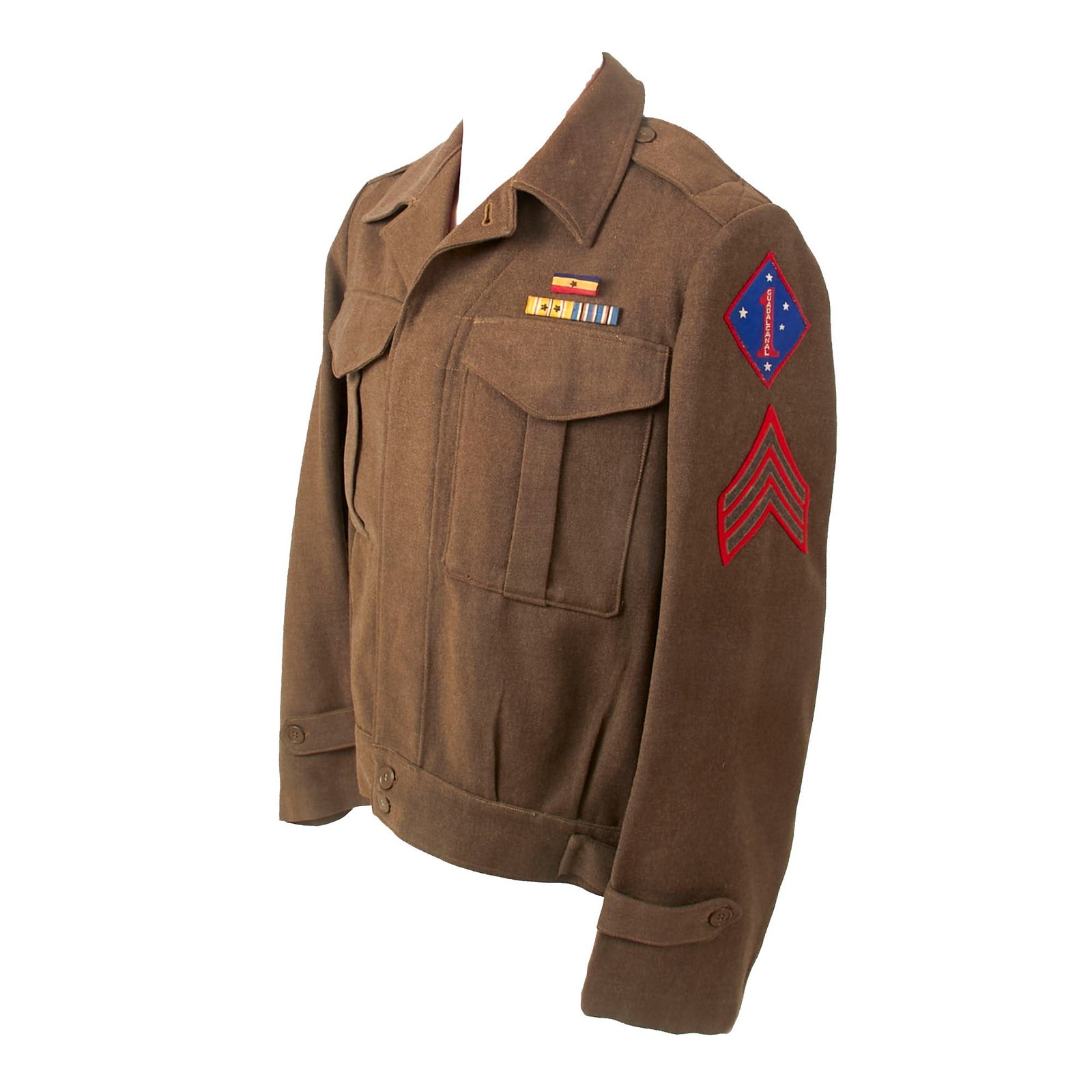 Buy Original U.S. WWII USMC 1st Marine Division Guadalcanal Australian-Made “Battledress” Jacket with “Bloodied” Patch - Dated 1942 | Original Firearms Antique For Sale