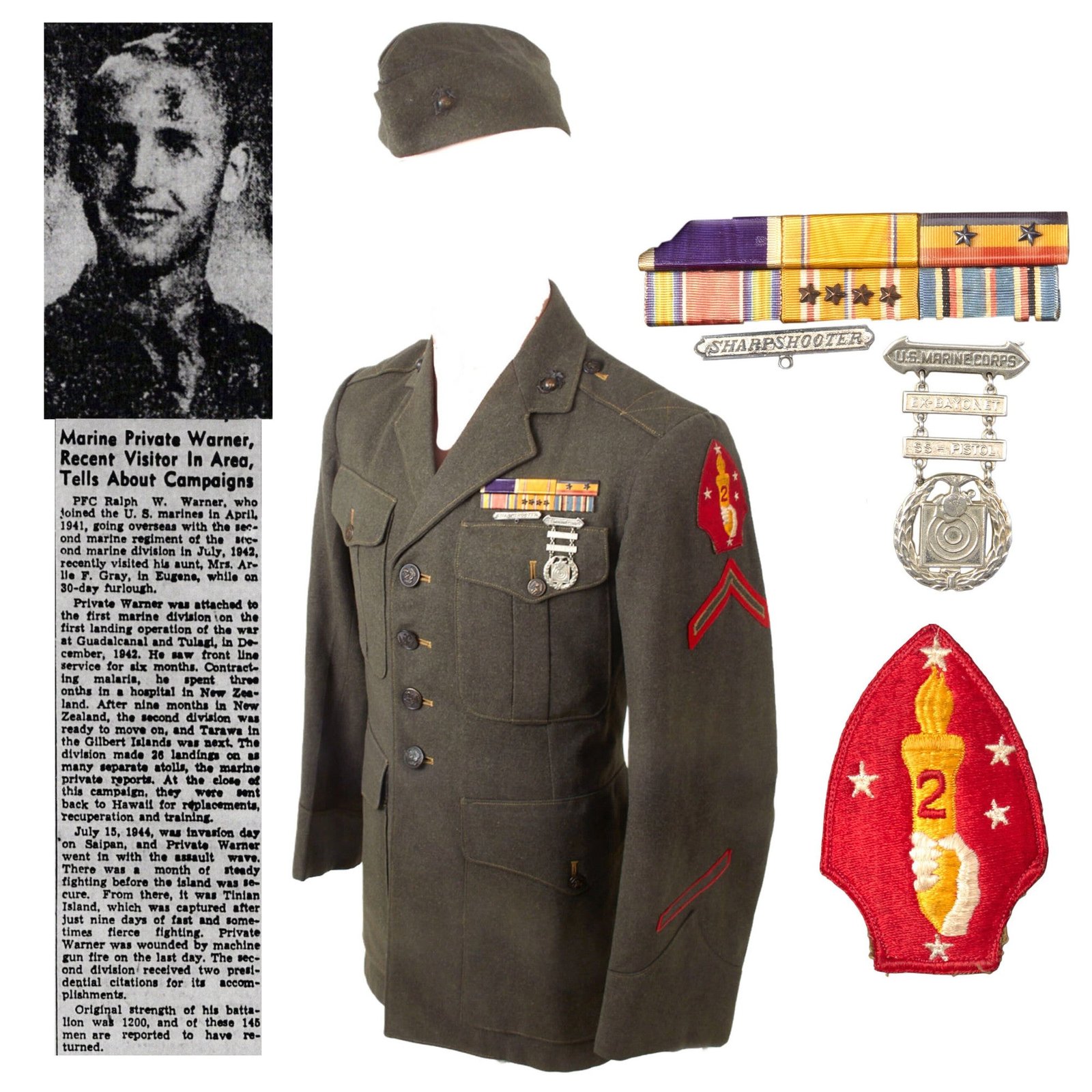 Buy Original U.S. WWII Named USMC 2nd Marine Division Uniform & Garrison Cap - PFC & Band Member Ralph W. Warner, 2nd Marine Regiment | Original Firearms Antique For Sale