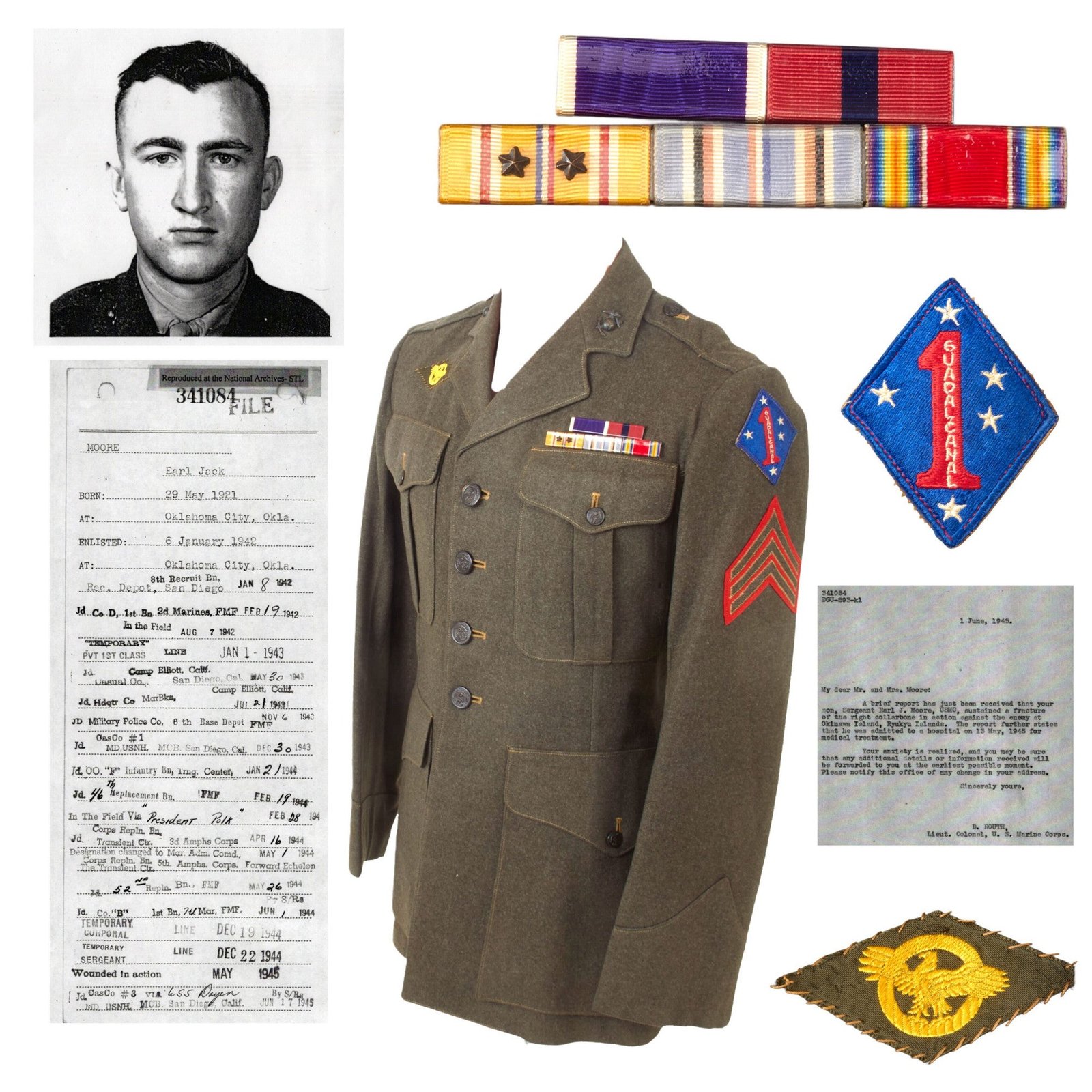 Buy Original U.S. WWII Named USMC 1st Marine Division Uniform & Trousers with Folder of Research - Wounded at Okinawa - Sergeant Earl Jack Moore, 7th Marine Regiment | Original Firearms Antique For Sale
