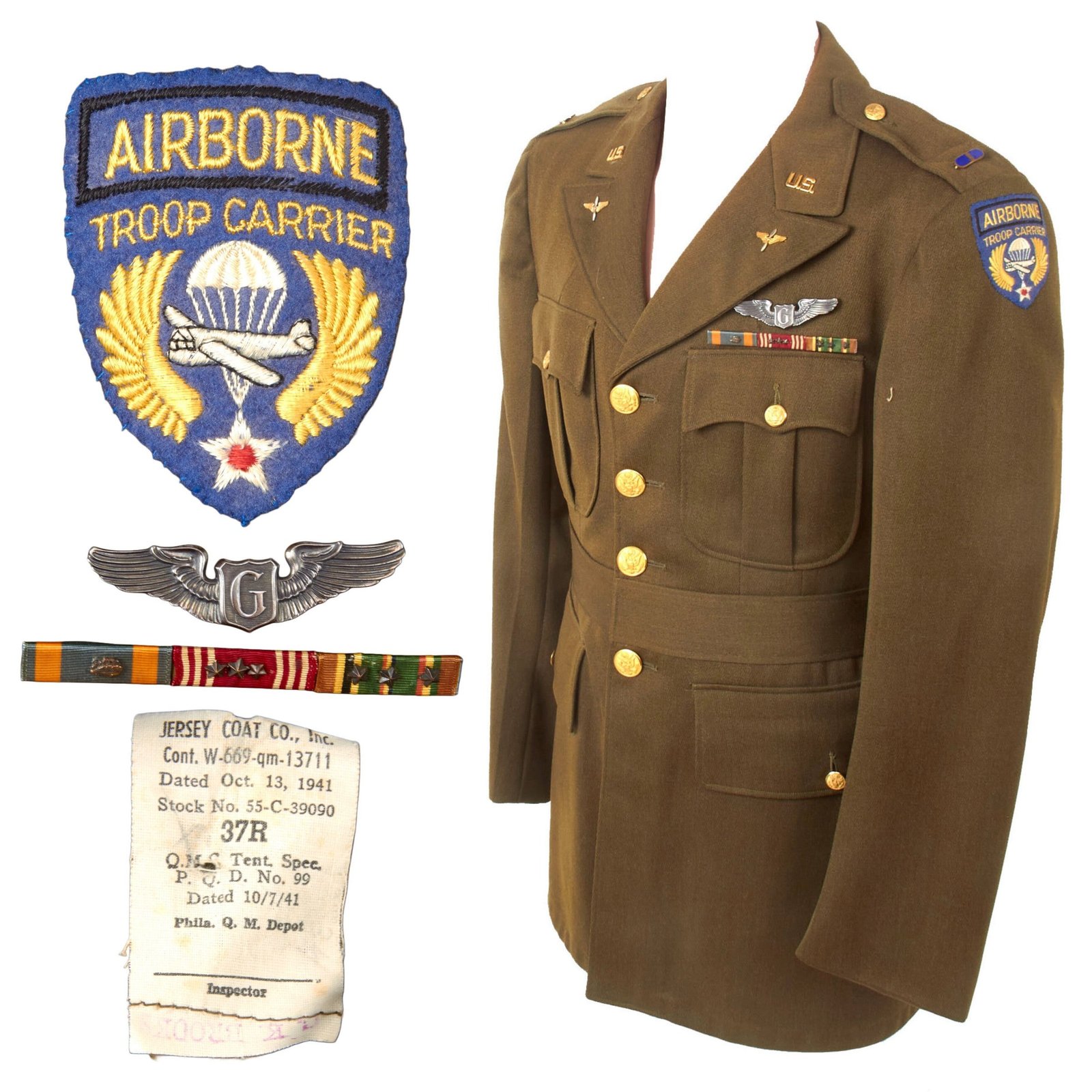 Buy Original U.S. WWII Airborne Troop Carrier Glider Pilot Flight Officer’s Uniform Jacket & Trousers with Sterling Glider Wings - Dated 1941 | Original Firearms Antique For Sale