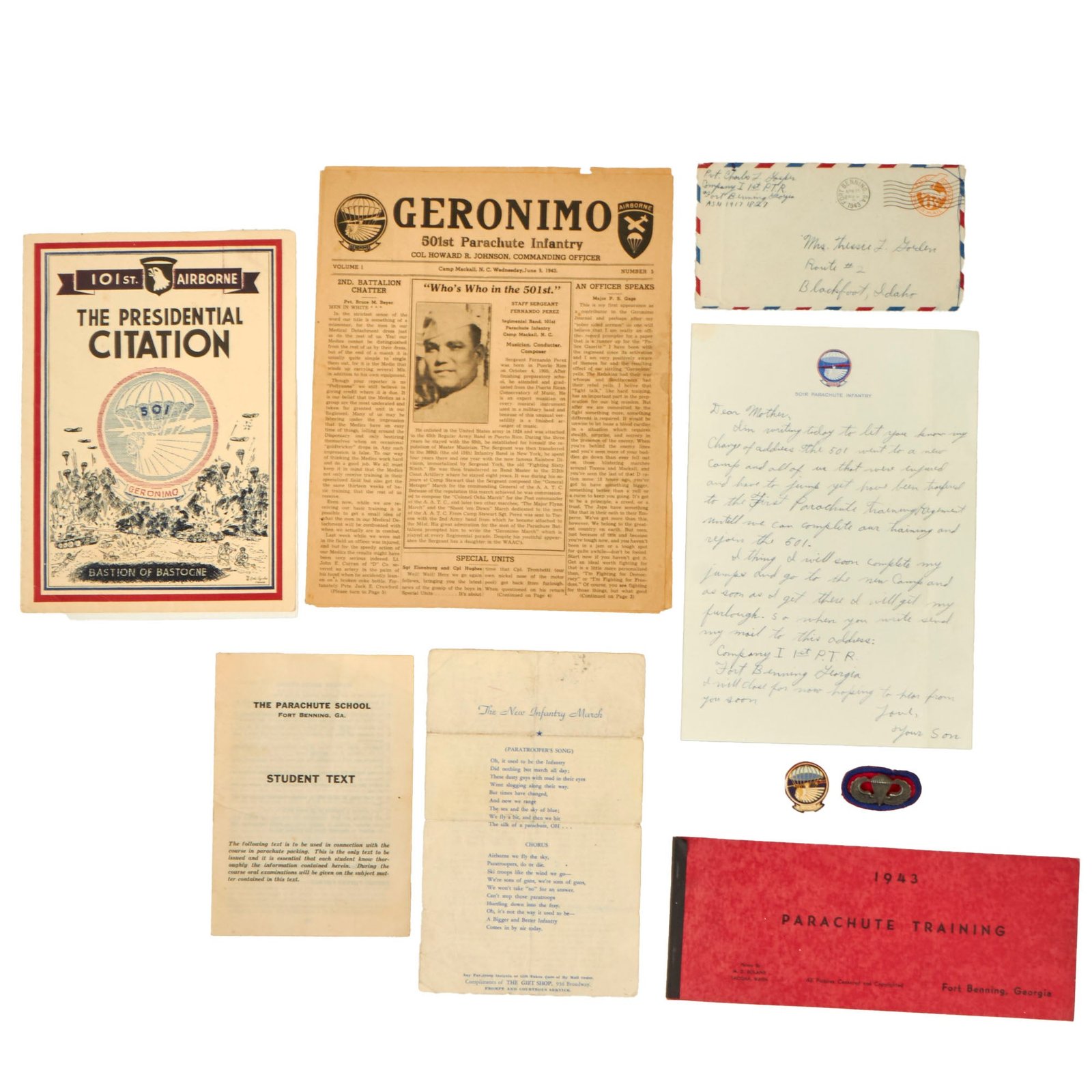 Buy Original U.S. WWII 501st PIR “Geronimo” Grouping with Presidential Unit Citation Booklet & Oval with Sterling Paratrooper Wings - Charles Lee Gasper | Original Firearms Antique For Sale