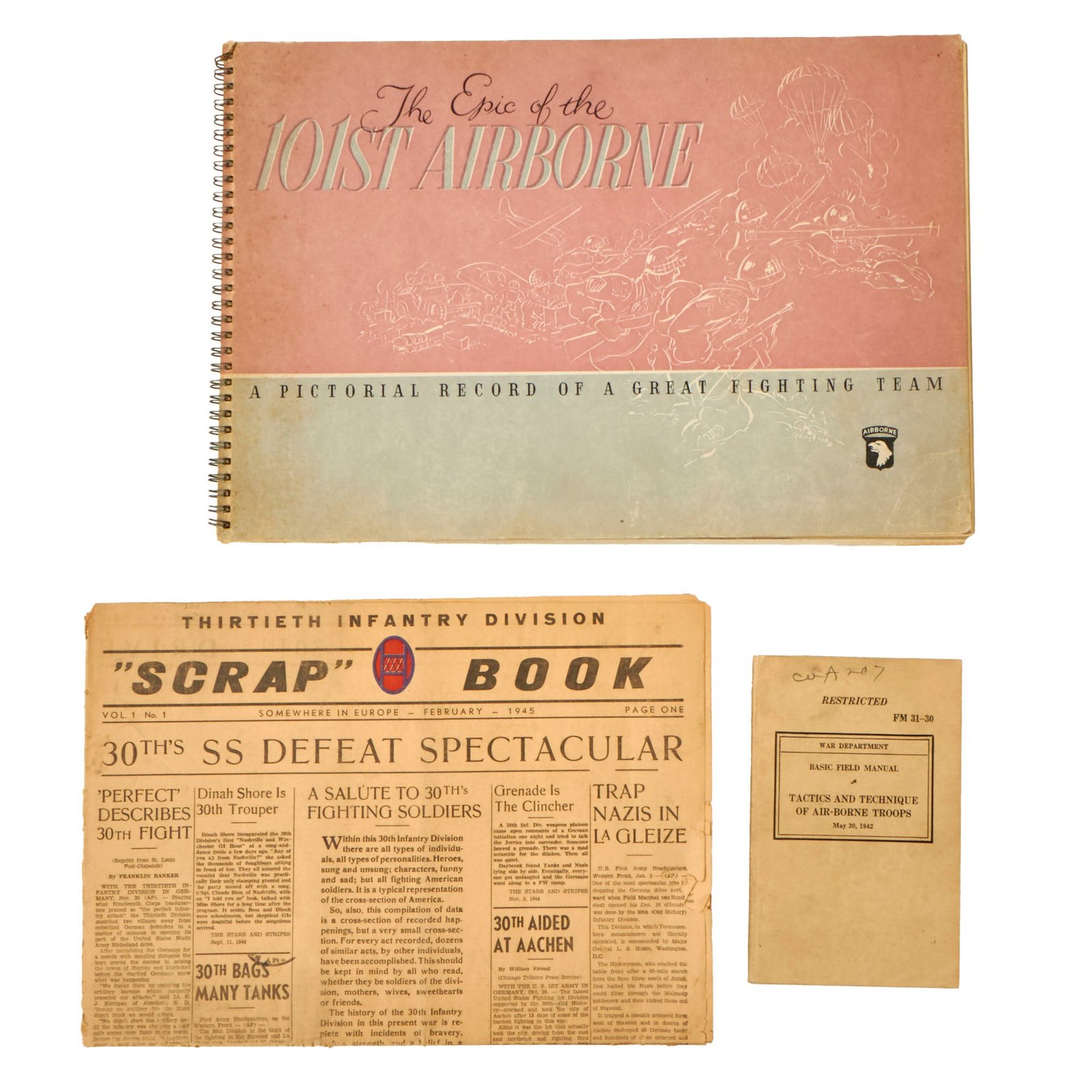 Buy U.S. WWII 1945 Publication - The Epic of the 101st Airborne: A Pictorial Record of a Great Fighting Team with 30th ID Newspaper & Field Manual of Air-Borne Troops | Original Firearms Antique For Sale