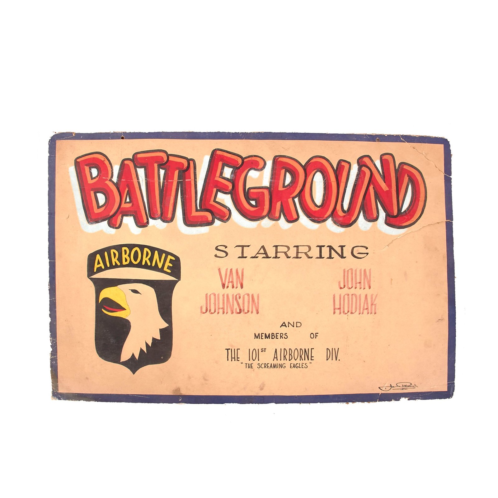 Buy Original U.S. WWII Era “Battleground” Hand-Painted Cardboard Movie Poster with 101st Airborne Insignia - 15½ x 24¼” | Original Firearms Antique For Sale