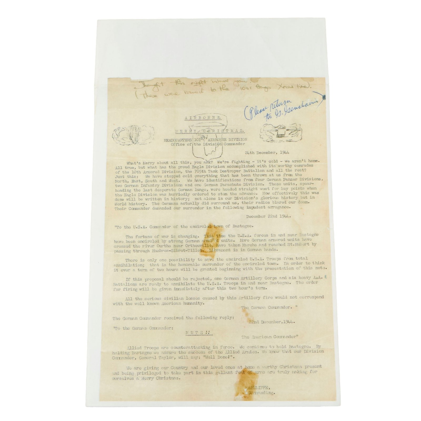 Buy Original U.S. WWII Bastogne “NUTS!” General McAuliffe 1944 Christmas Letter - Battlefield-Printed - Third Version | Original Firearms Antique For Sale