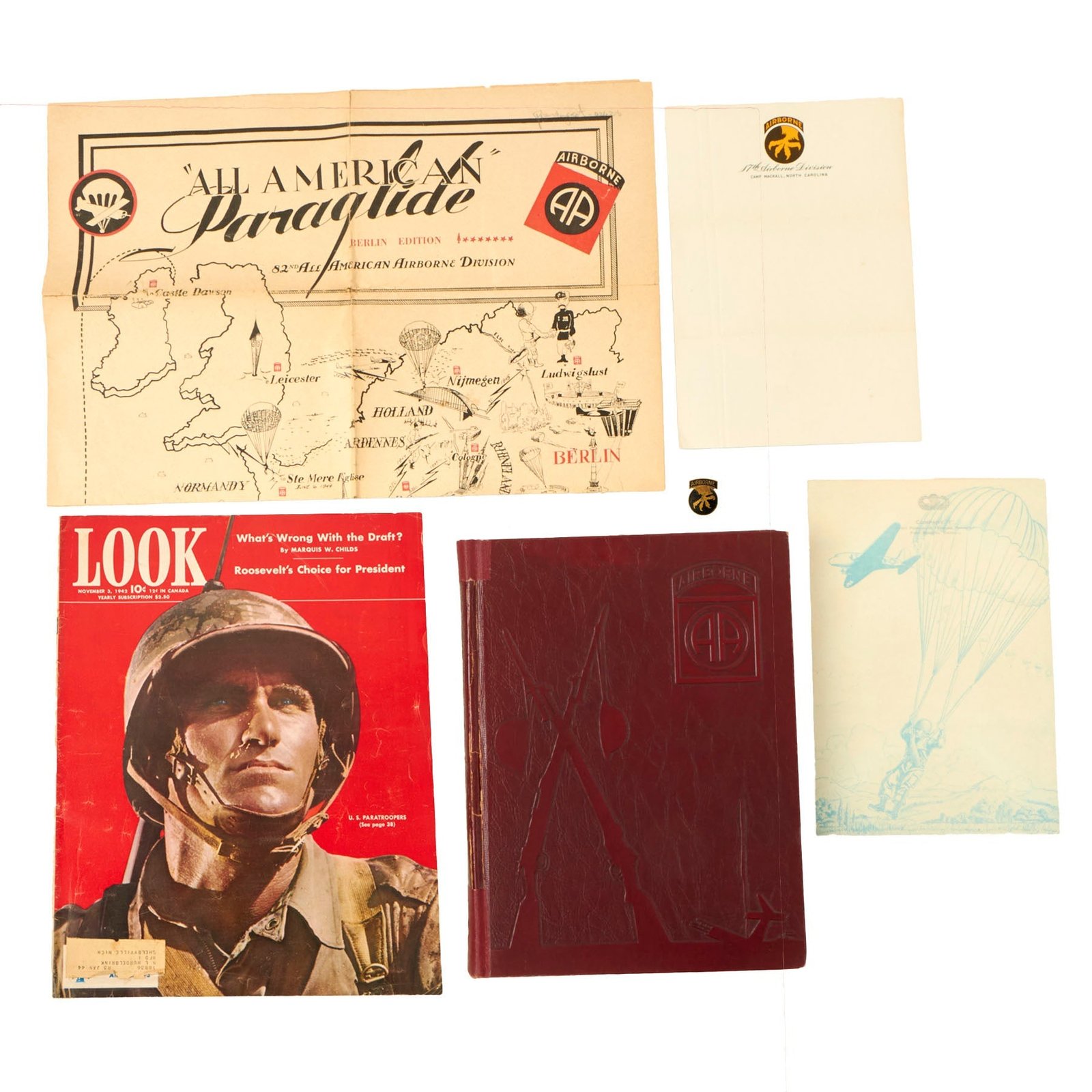 Buy Original U.S. WWII Airborne Ephemera Lot with “Saga of the All-American” 82nd Airborne History & All-American Paraglide Map | Original Firearms Antique For Sale