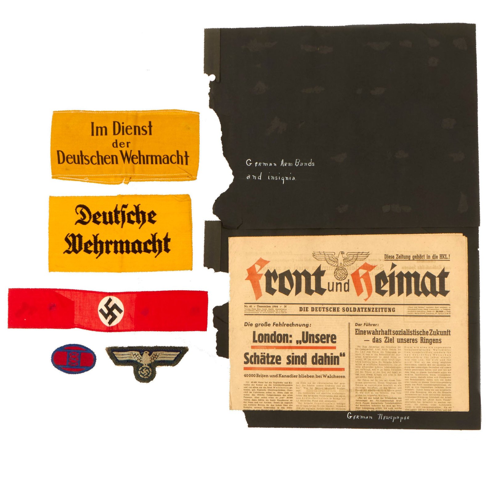 Buy Original U.S. WWII USGI Bring Back Scrapbook Pages with German WWII Armbands, Insignia, Newspaper Page, and More! | Original Firearms Antique For Sale