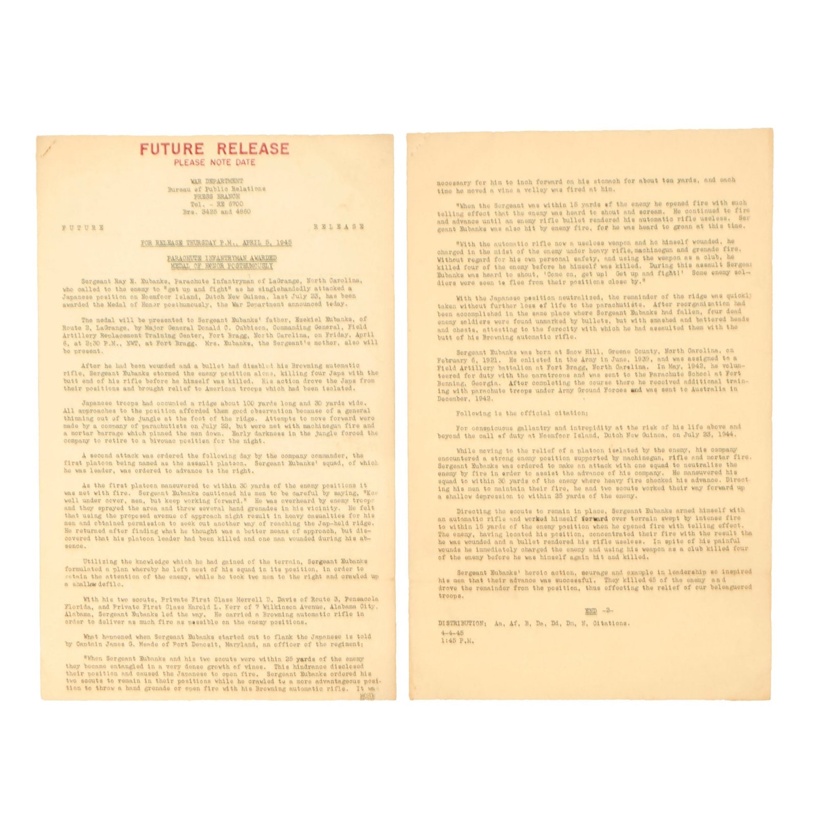 Buy Original U.S. WWII War Department Medal of Honor Public Relations Citation for Sergeant Ray E. Eubanks, 503rd PIR | Original Firearms Antique For Sale