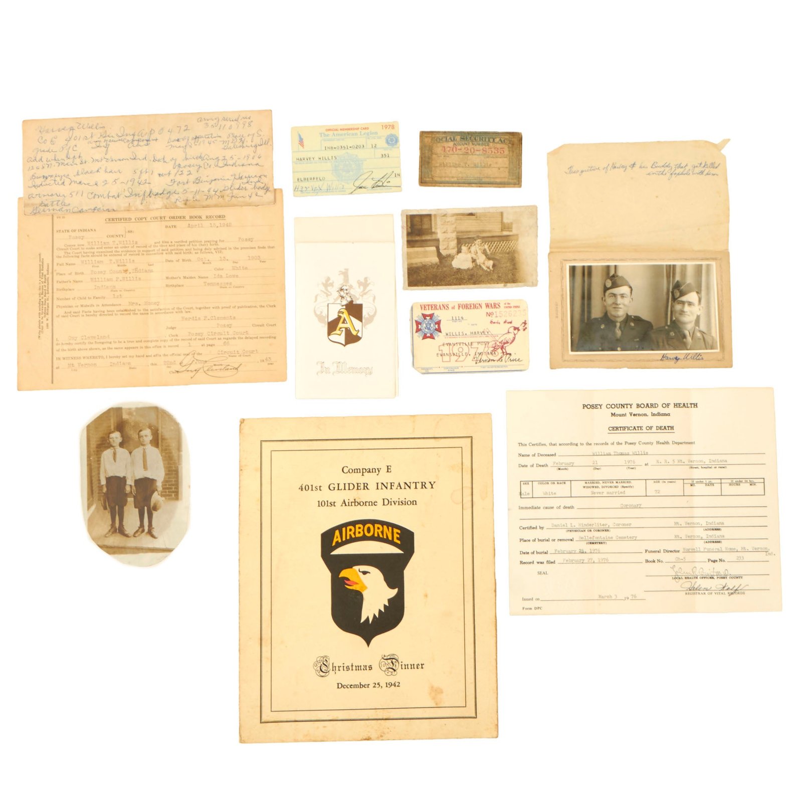 Buy Original U.S. WWII 101st Airborne 401st Glider Infantry Co. E Christmas 1942 Dinner Menu with Ephemera of Harvey Willis | Original Firearms Antique For Sale
