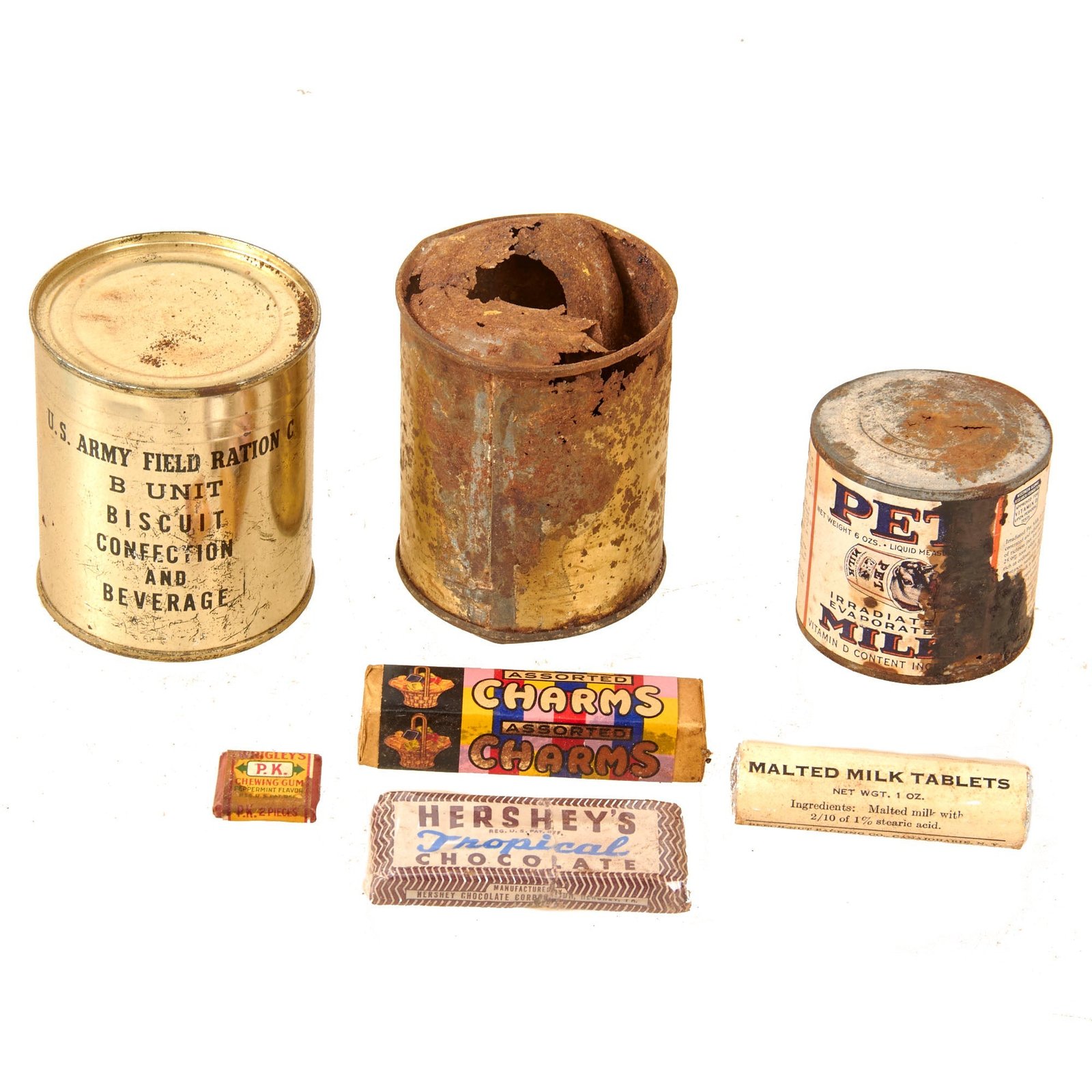 Original U.S. WWII Ration Lot Including Sealed Assorted Charms & Field Ration C Biscuit Confection - Hershey’s Tropical Chocolate and Empty Tins