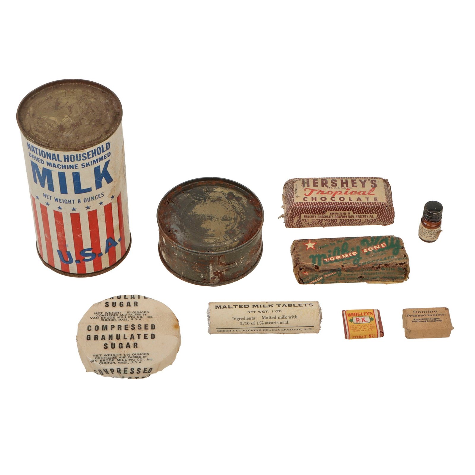 Original U.S. WWII Ration Lot Including Sealed Malted Milk Tablets & Wrigley’s PK Gum - Hershey’s Tropical Chocolate and Dried Milk