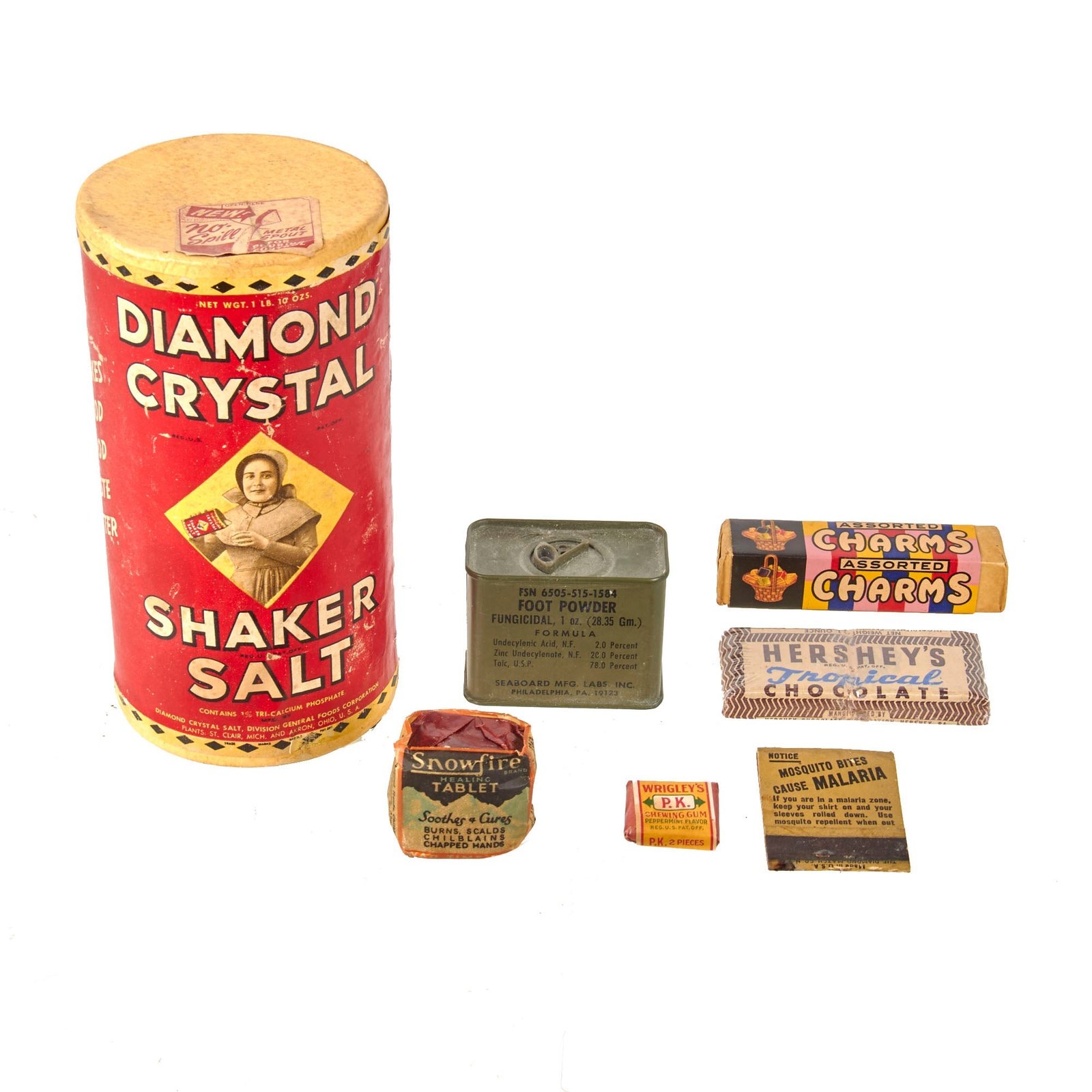 Original U.S. WWII Wartime Ration Lot Including Sealed Diamond Crystal Shaker Salt & Hershey’s Tropical Chocolate - Charms Candy & Wrigley’s Chewing Gum