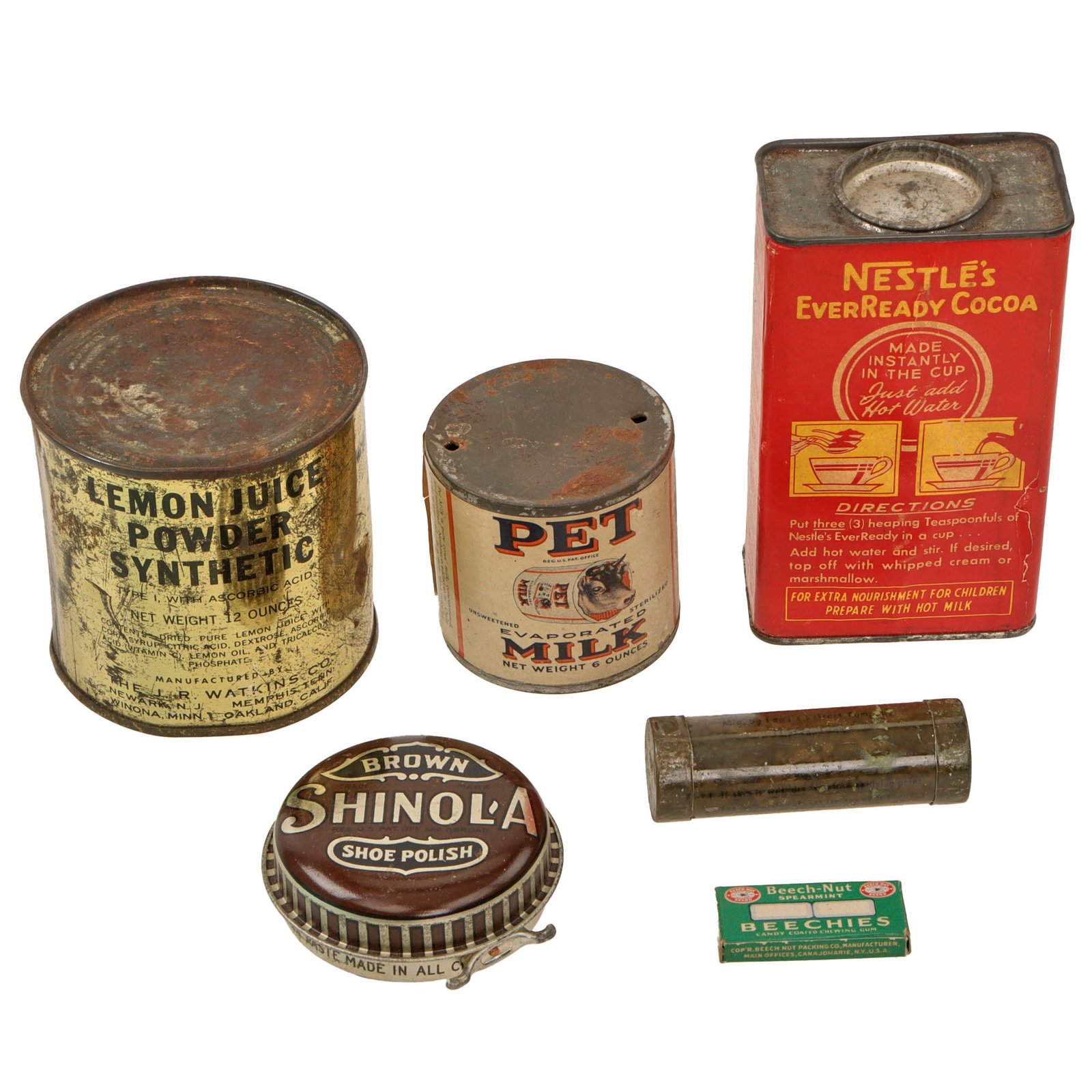 Original U.S. WWII Ration Lot Including Sealed Lemon Juice Powder & Shoe Polish - Hershey’s Tropical Chocolate and Dried Milk