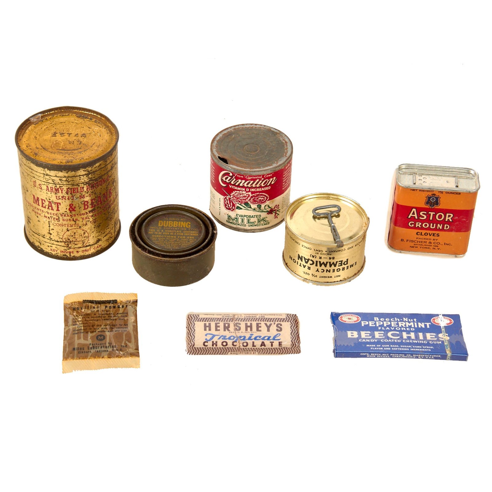 Original U.S. WWII Ration Lot Including Sealed Pemmican & Beechnut Peppermint Gum - Hershey’s Tropical Chocolate and Empty Tins