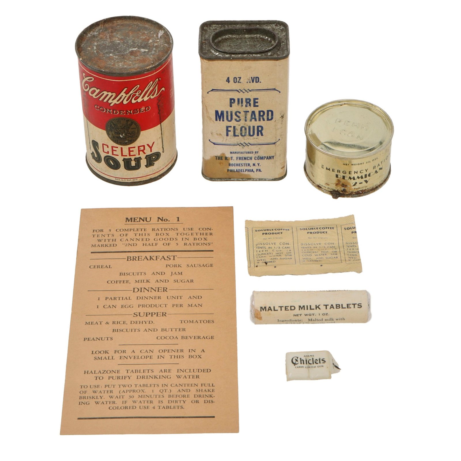 Original U.S. WWII Ration Lot Including Sealed Pemmican & Campbell’s Celery Soup - Malted Milk Tablets, Gum, and Pure Mustard Flour