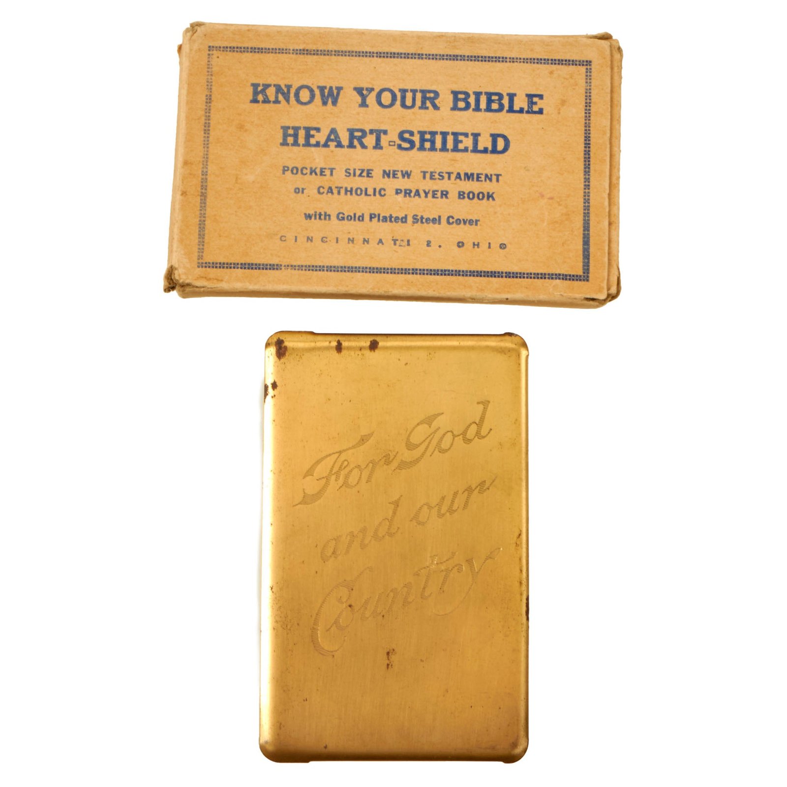 Buy Original U.S. WWII “For God and our Country” New Testament Gold-Plated Heart-Shield Breast Pocket Bible in Original Box | Original Firearms Antique For Sale