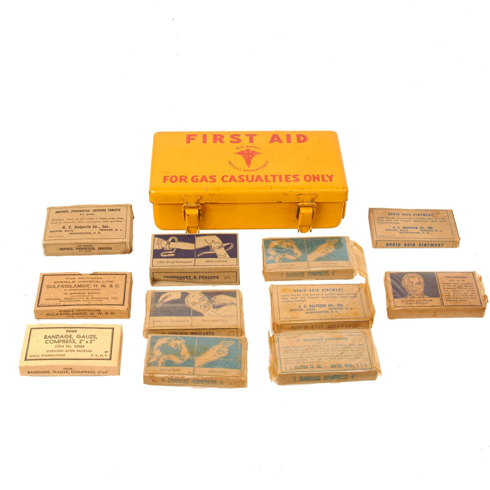 Buy Original U.S. WWII Era “Gas Casualties Only” Motor Vehicle 12 Unit First Aid Kit For Jeep with Mixed Bandages & Medical Supplies | Original Firearms Antique For Sale