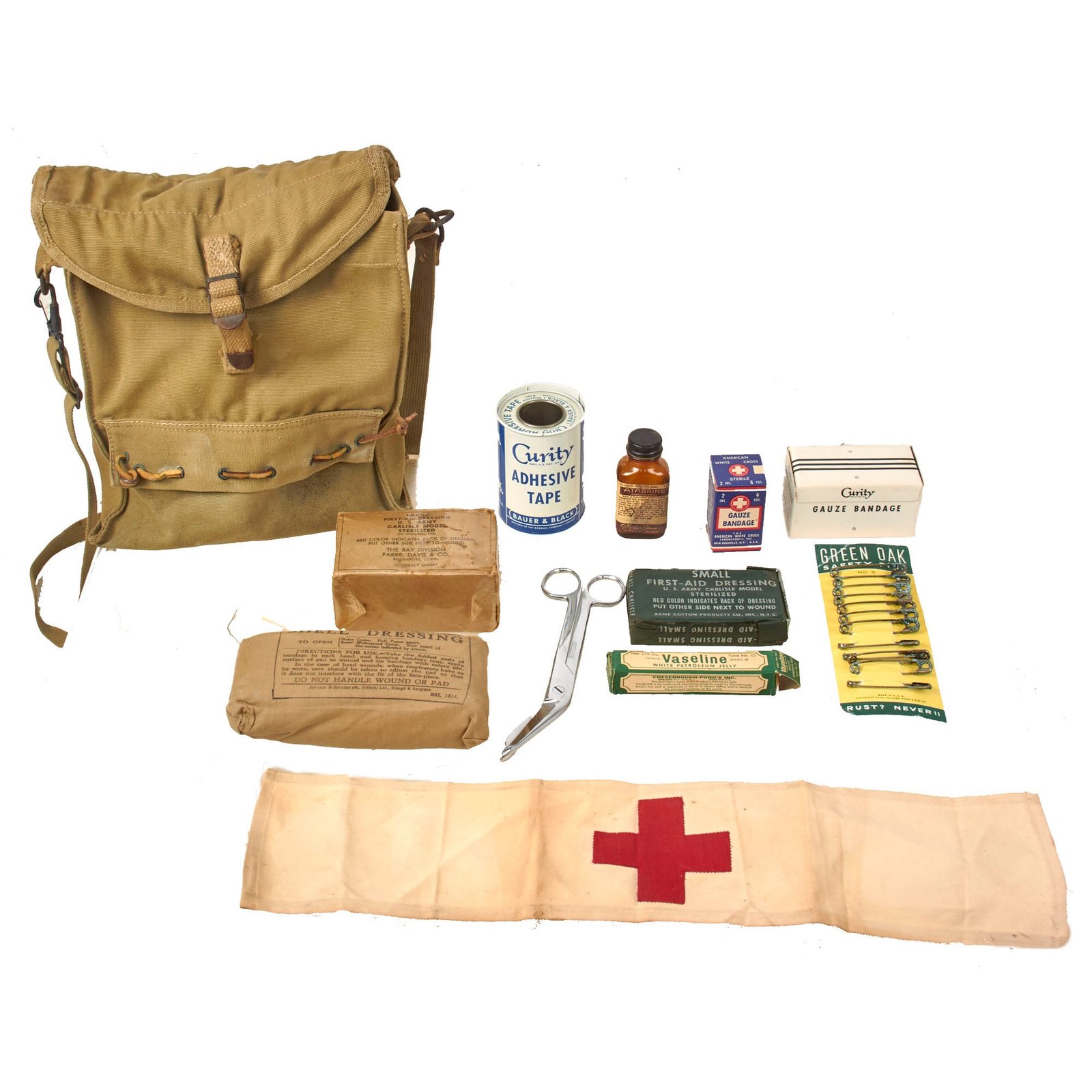 Buy Original U.S. WWII Medic’s Belt Attachment Bag with Medic’s Armband & Contents | Original Firearms Antique For Sale