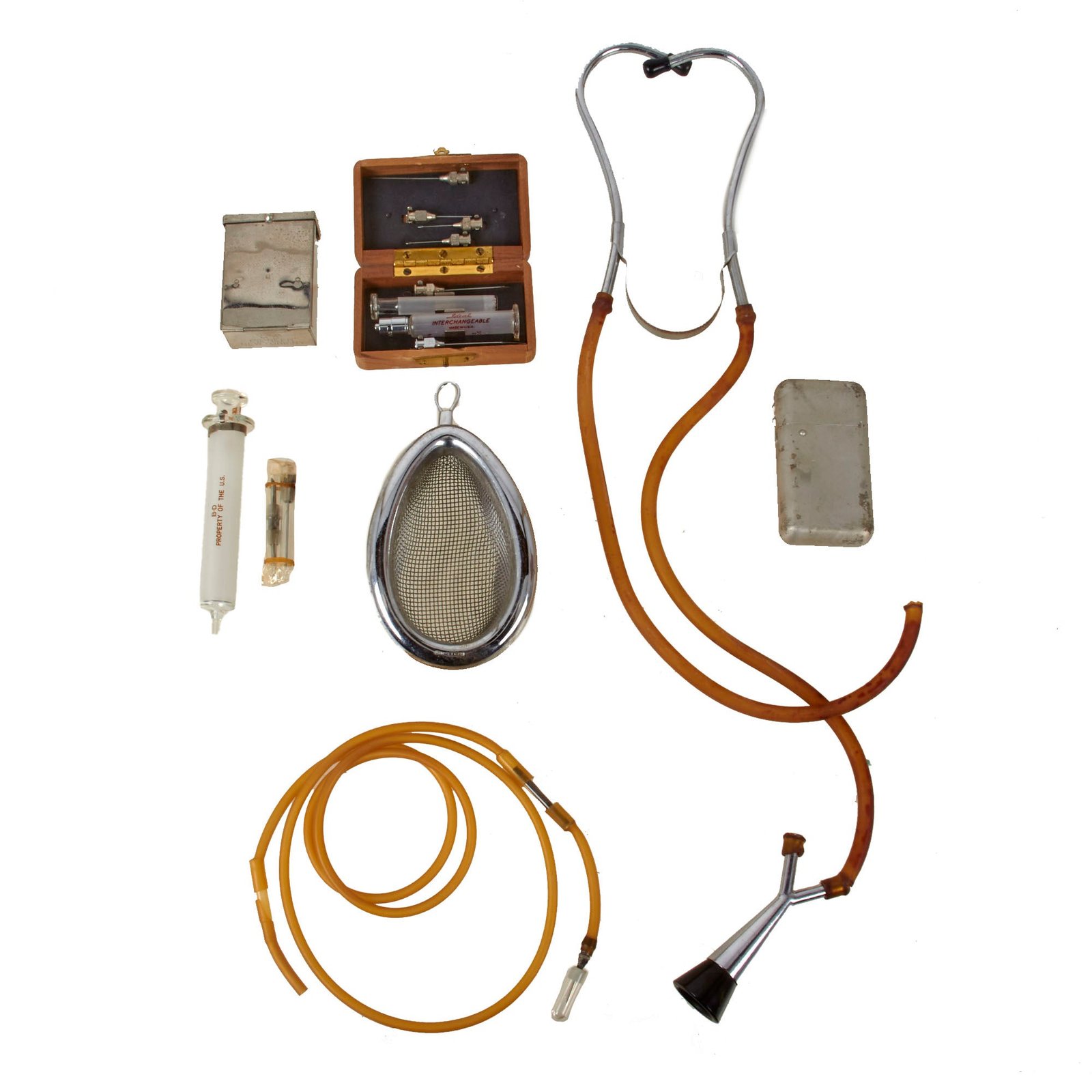 Buy Original U.S. WWII Medical Equipment & Supplies Lot with Stethoscope and Syringe Sets - Needle Sterilizer | Original Firearms Antique For Sale