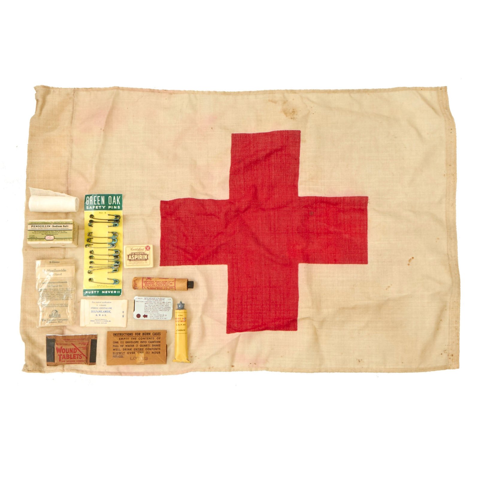 Buy Original U.S. WWII Red Cross Flag & Medicine Lot with Poison Tincture Iodine - 19 x 27” | Original Firearms Antique For Sale