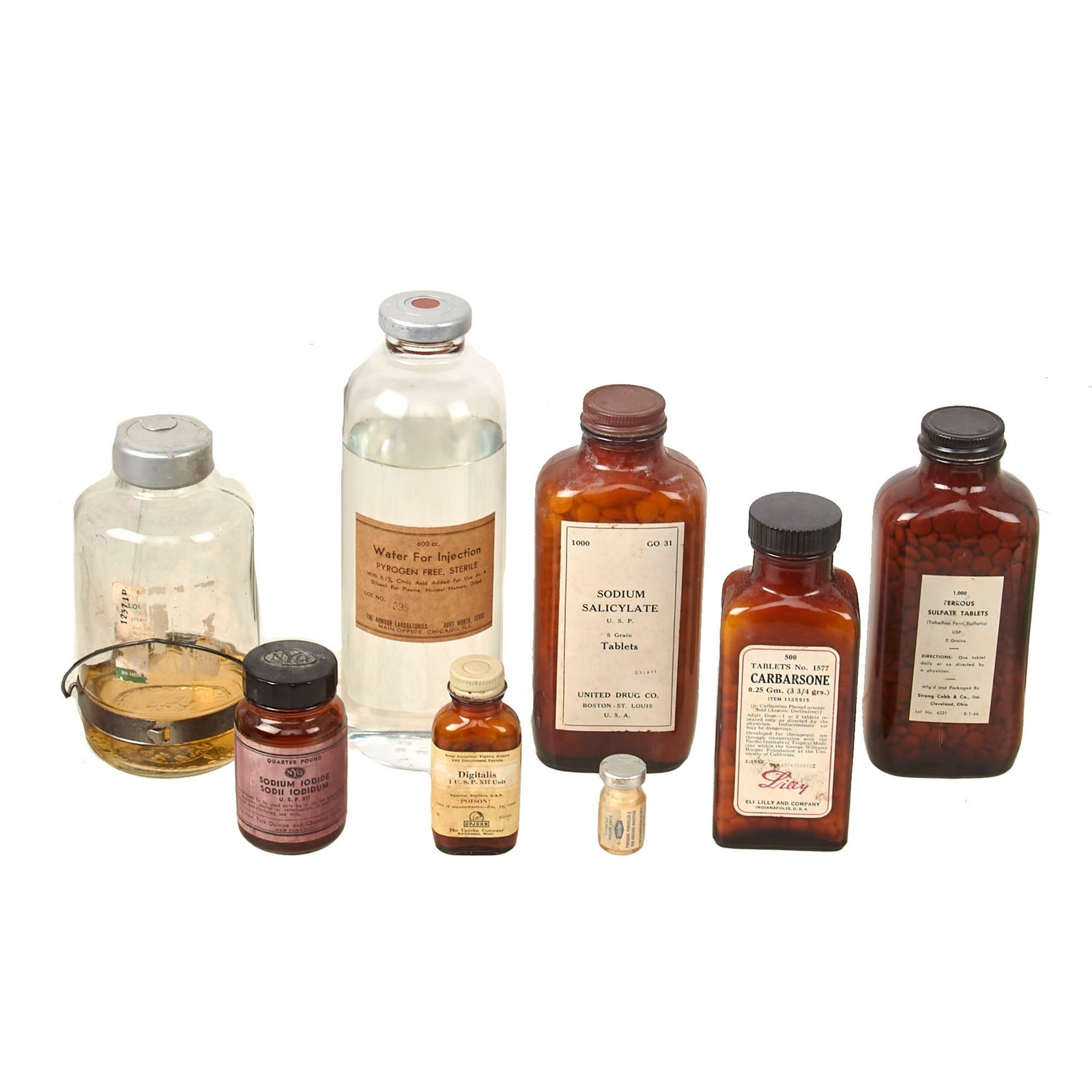 Buy Original U.S. WWII Era Lot of Bottles of Medicine & Medical Supplies - Sulfate & Carbarsone Tablets & Sodium Iodide | Original Firearms Antique For Sale