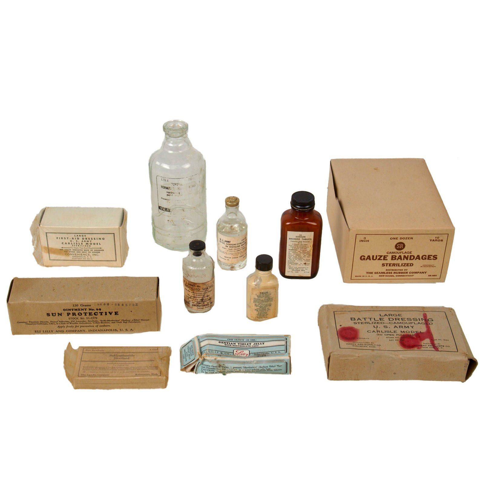 Buy Original U.S. WWII Medical Equipment & Supplies Lot with Boxes of Gauze Bandages & Human Plasma Bottle | Original Firearms Antique For Sale