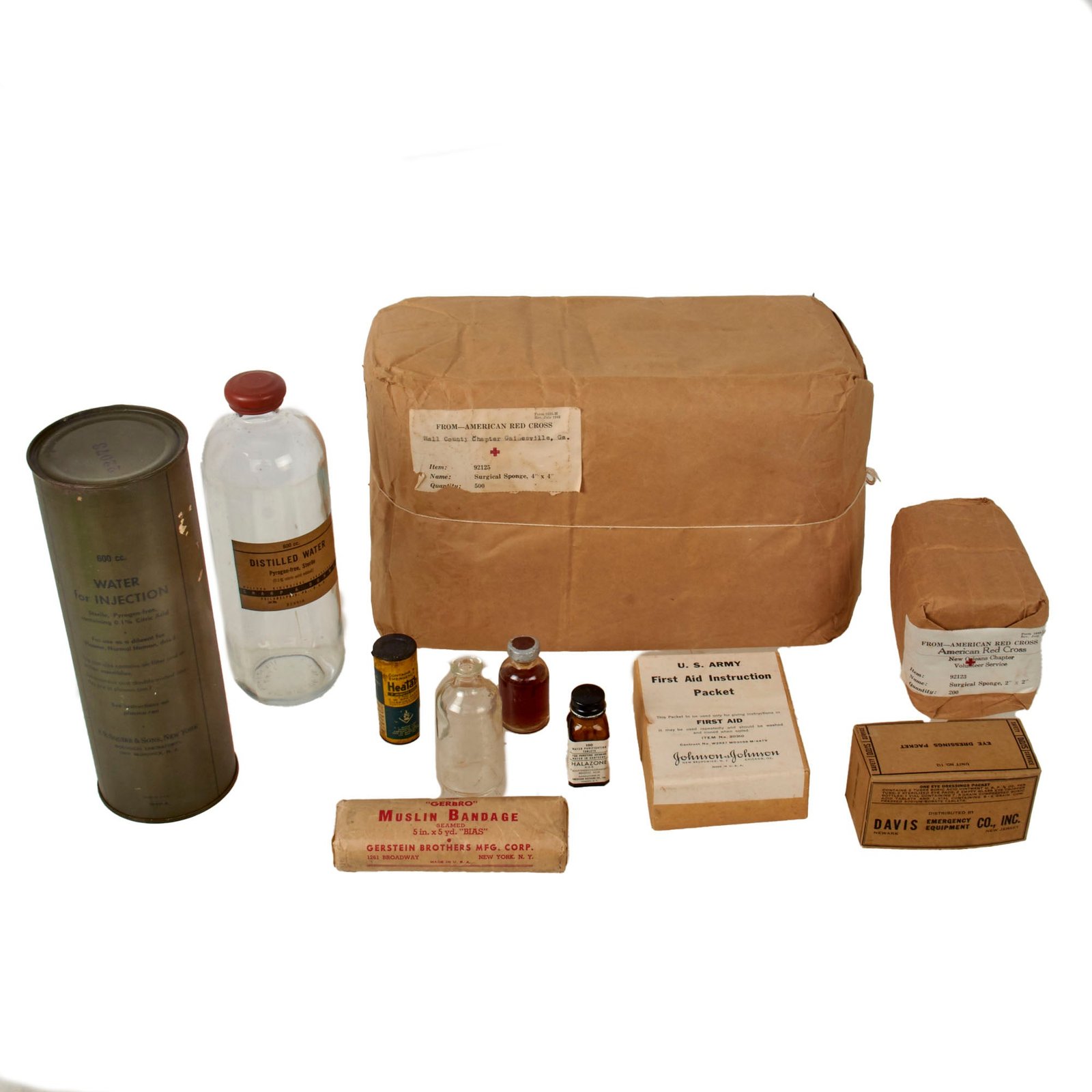 Original U.S. WWII Medical Supplies Lot with American Red Cross Surgical Sponges in Original Packaging & Water for Injection