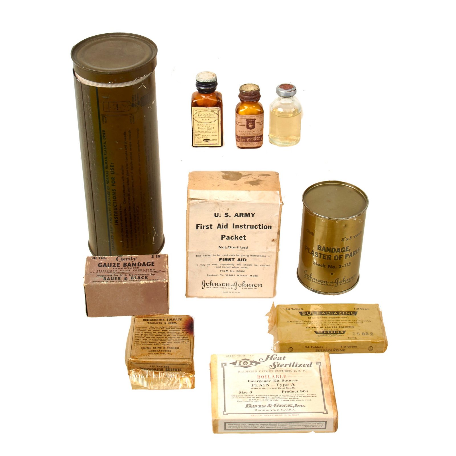 Buy Original U.S. WWII Medical Equipment & Supplies Lot with Unopened Plaster of Paris Bandage Can and Sulfadiazine | Original Firearms Antique For Sale
