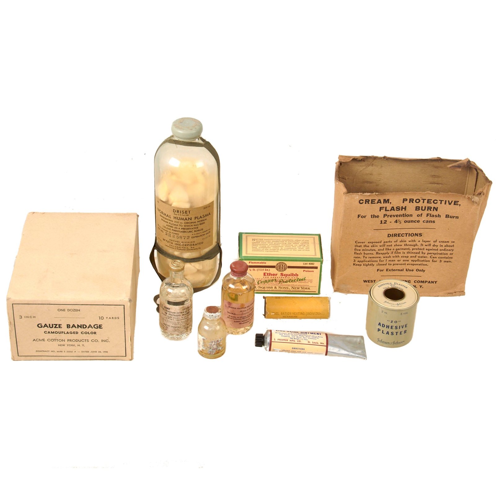 Buy Original U.S. WWII Medical Equipment & Supplies Lot with Full Box of Gauze Bandages & Human Plasma Bottle | Original Firearms Antique For Sale