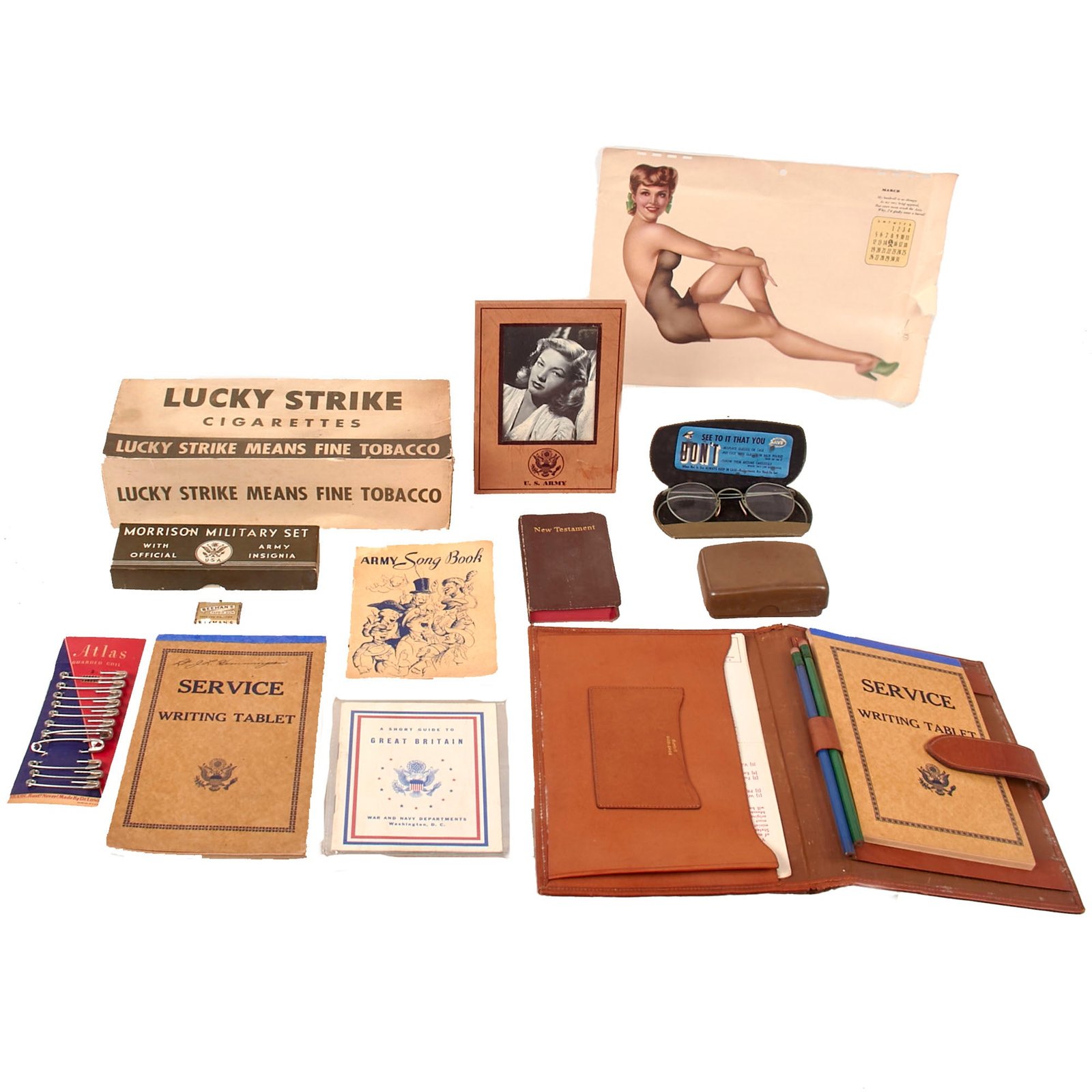 Buy Original U.S. WWII Personal Effects Lot - Pinup Girl Sheet & Lucky Strike Cigarettes Box - Ephemera | Original Firearms Antique For Sale
