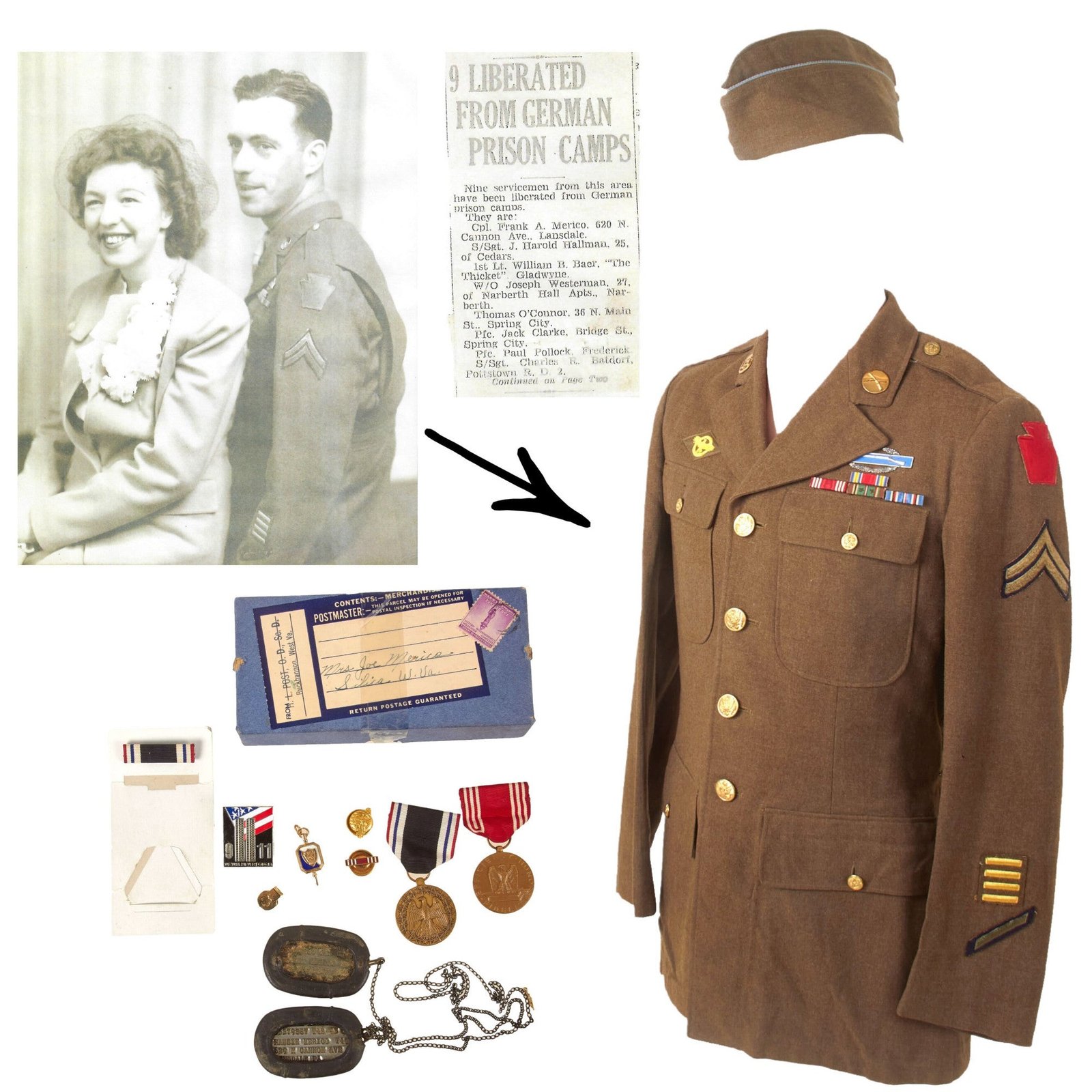 Buy Original U.S. WWII 28th Infantry Division POW Uniform & Dog Tag Grouping of Corporal Frank Merico, 110th Infantry Regiment | Original Firearms Antique For Sale