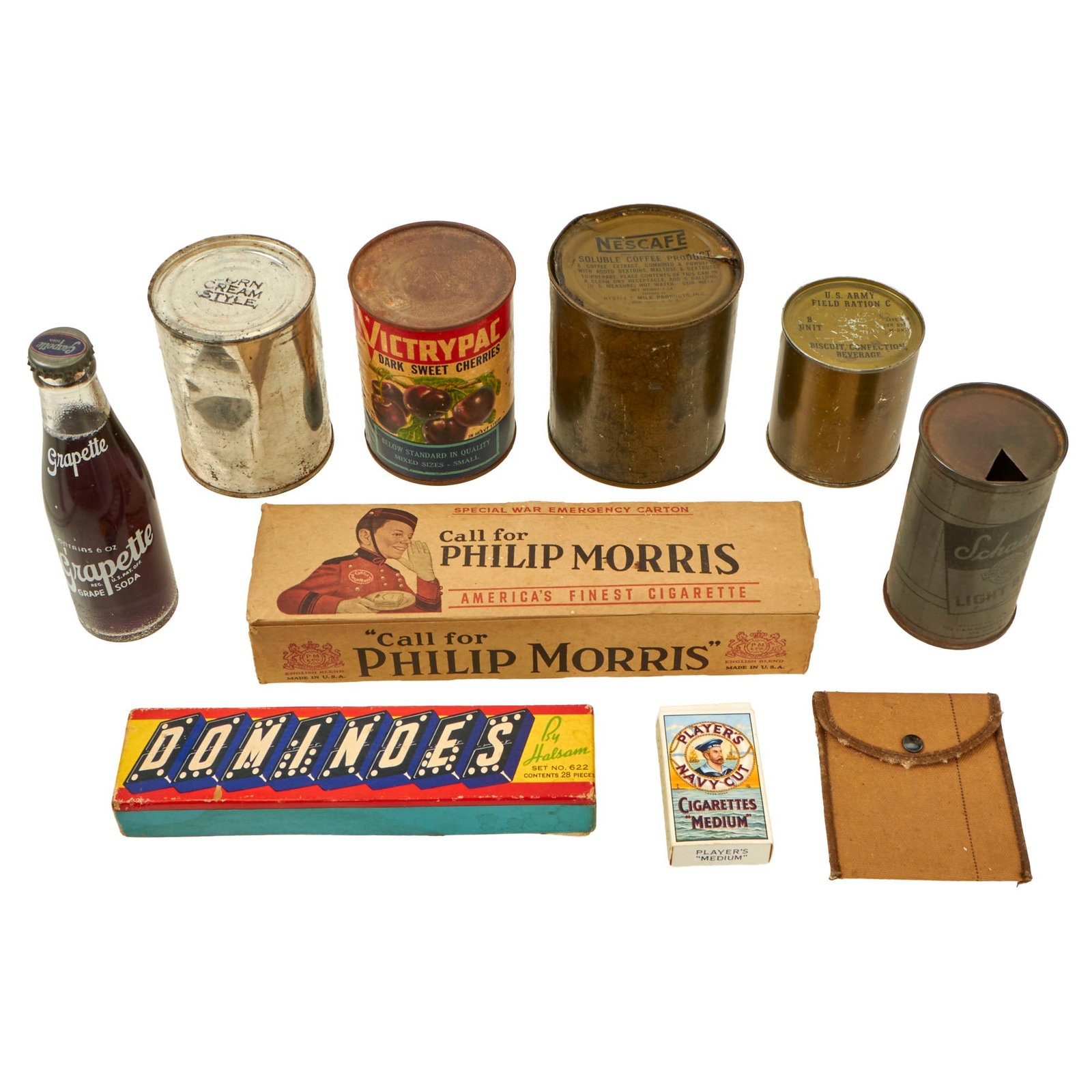 Buy Original U.S. WWII Personal Effect Items Lot Including Sealed 1946 Bottle of Grapette Soda, Sealed Cream Corn & Various Ration Tins with Philip Morris Carton | Original Firearms Antique For Sale