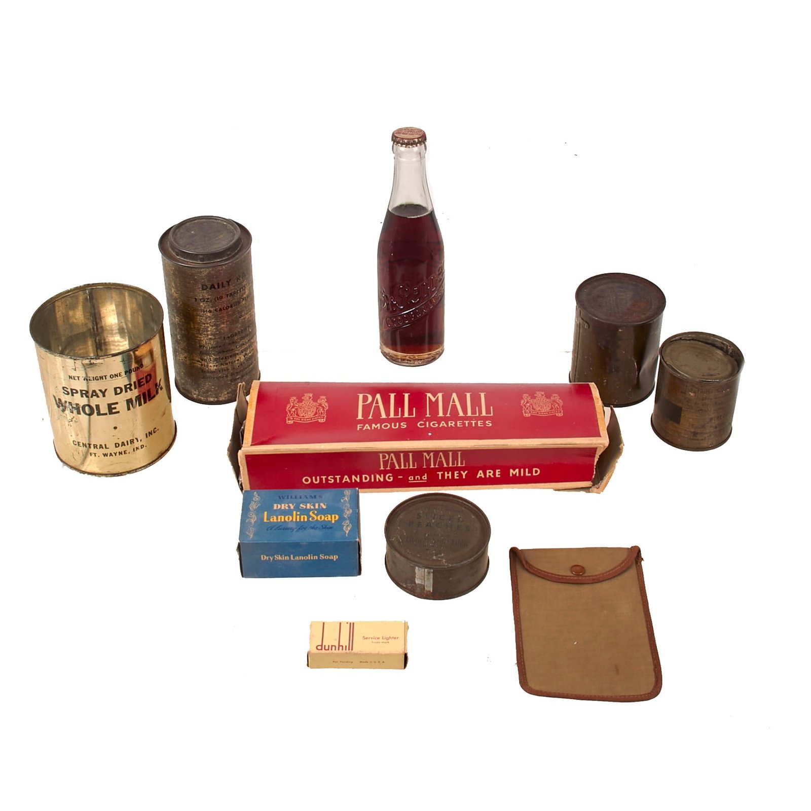 Buy Original U.S. WWII Personal Effect Items Lot Including Sealed Bottle of Dr. Pepper, Various Ration Tins & Pall Mall Case | Original Firearms Antique For Sale
