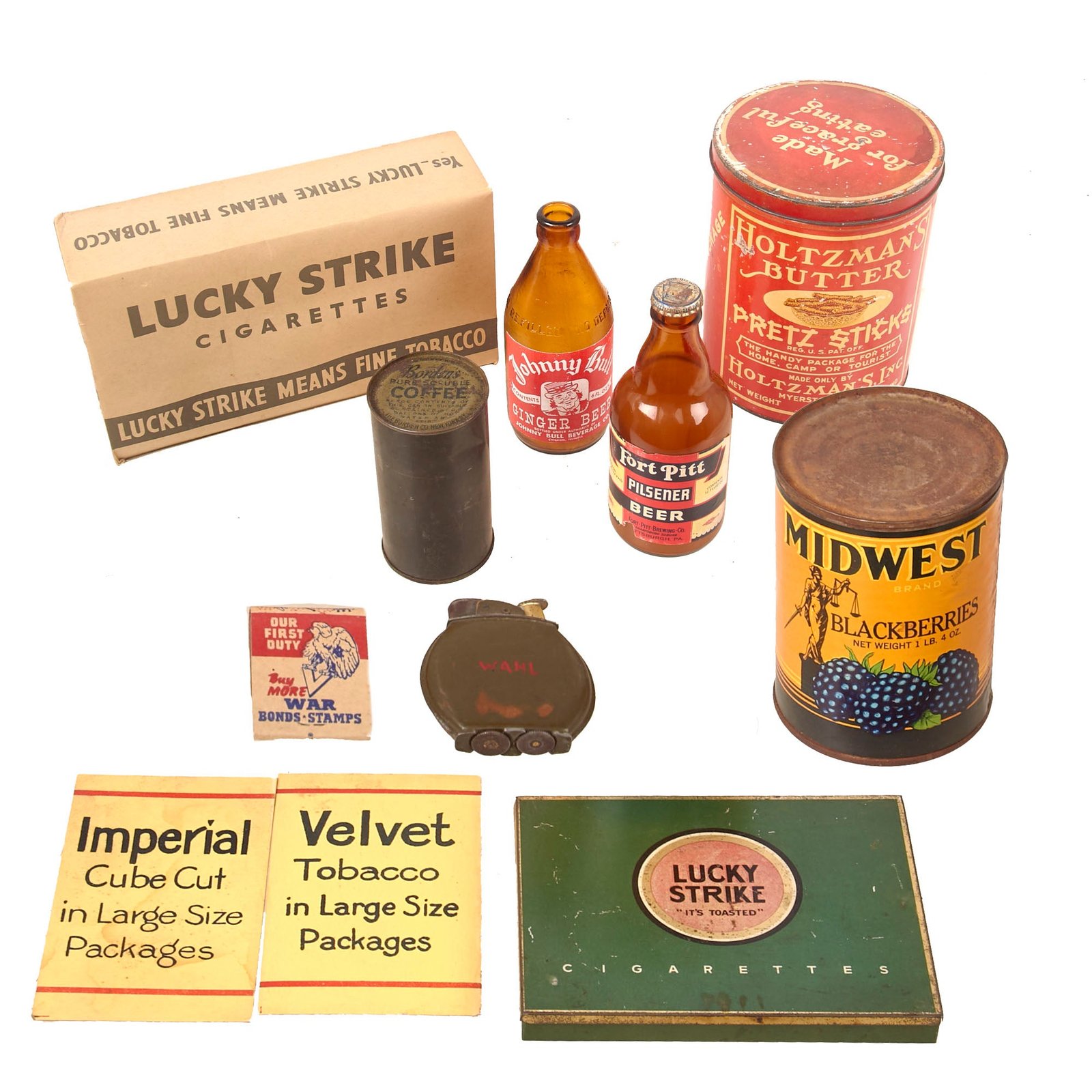 Buy Original U.S. WWII Personal Effect Items Lot Including Carton of Lucky Strike Cigarettes, Sealed Can of Coffee, and Beer Bottles | Original Firearms Antique For Sale